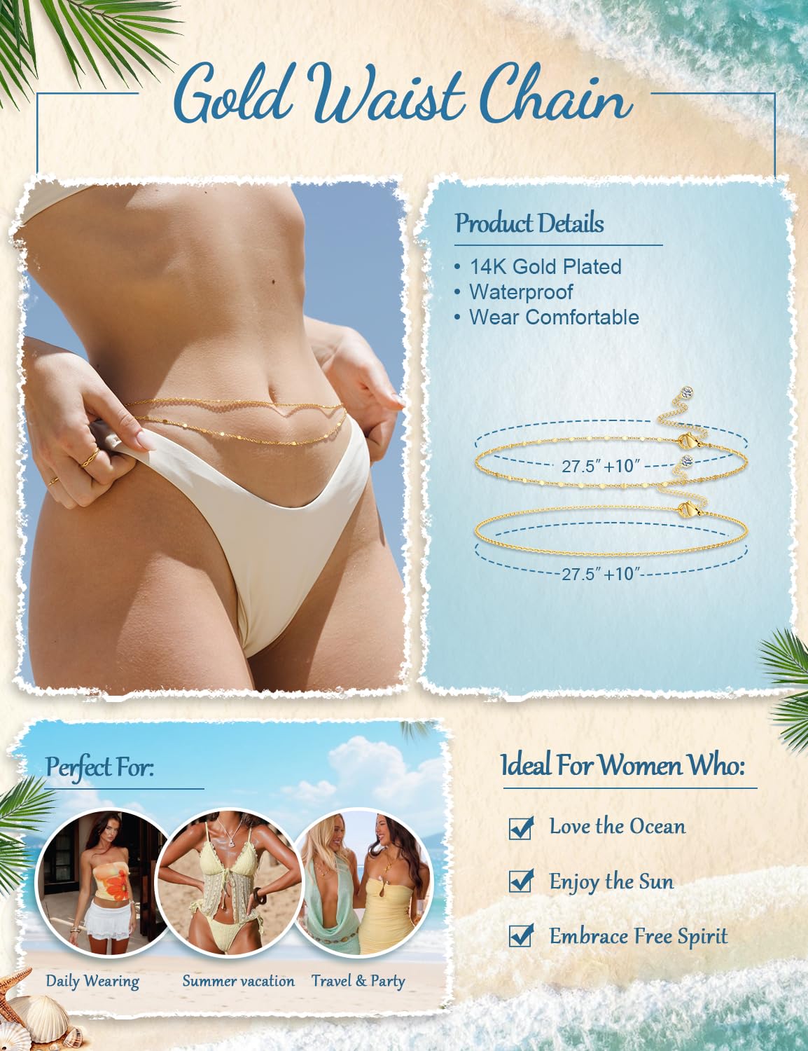 HEVOCY Gold Waist Chain for Women, Trendy Layered Belly Chain Jewelry, Adjustable Body Chain for Beach & Summer Outfit
