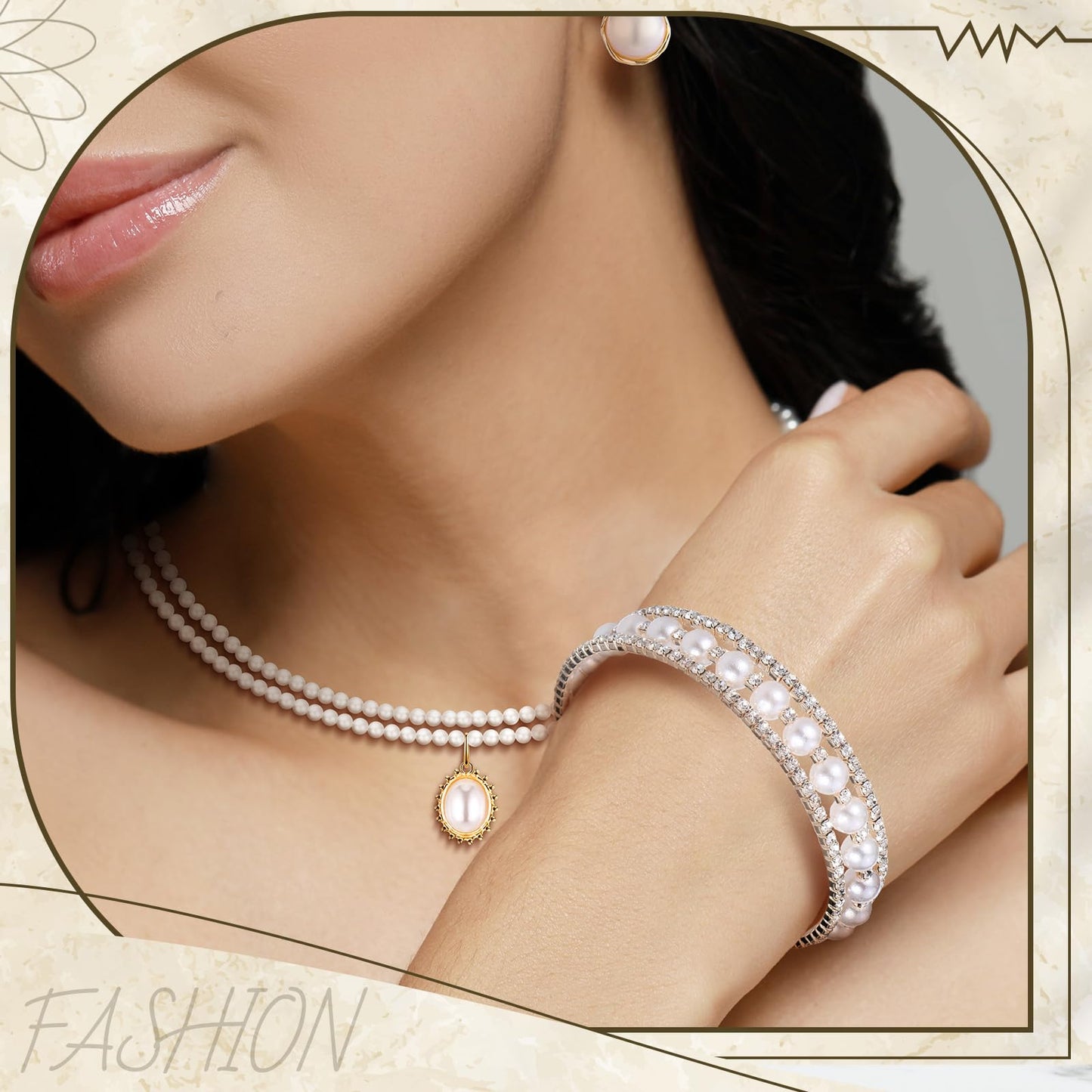 Glenmal Pearl Rhinestone Jewelry Set for Women Pearl Necklace Bracelet Earrings for Wedding Birthday Bridal Shower Tea Party(Delicate Style)