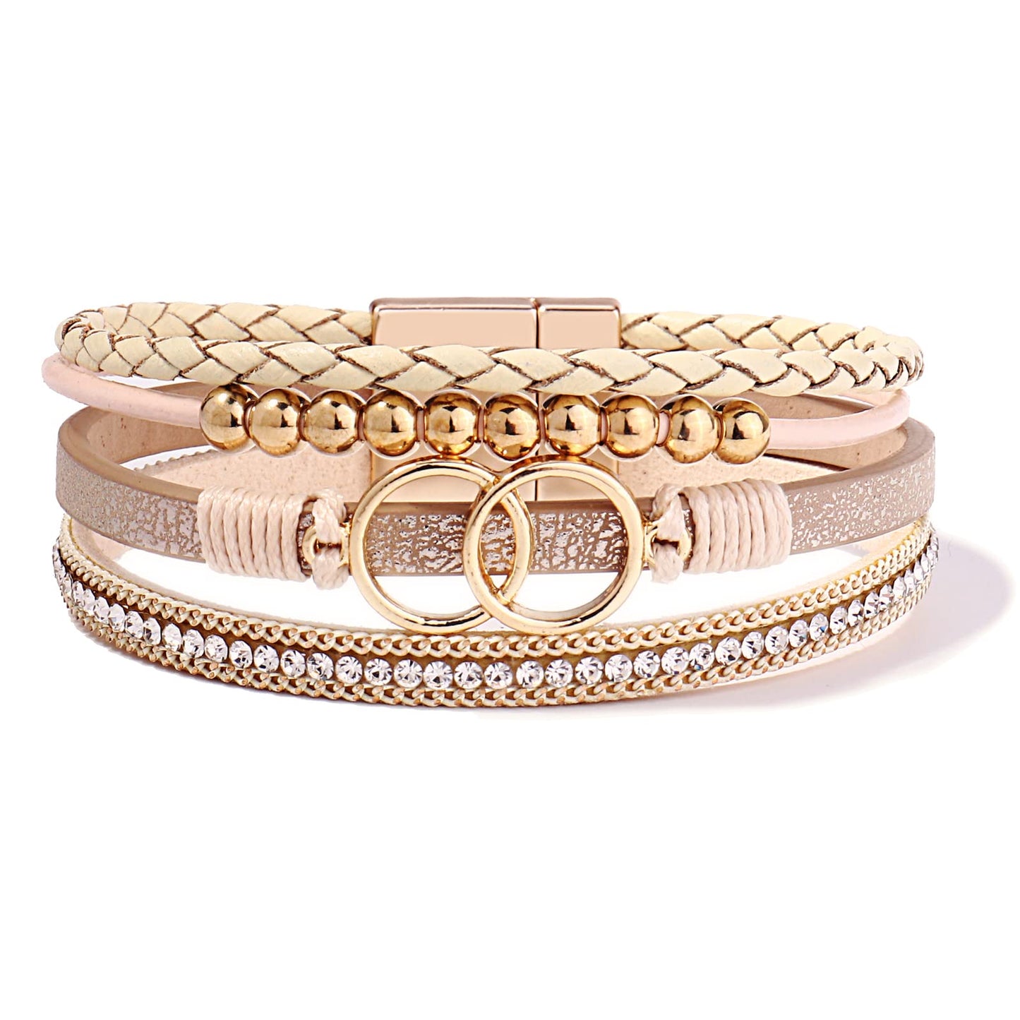FANCY SHINY Boho Leather Wrap Bracelet Stackable Beaded Infinity Chunky Cuff Bracelets with Magnetic Clasp Western Hippie Outfits Jewelry Gifts for Women(Gold)