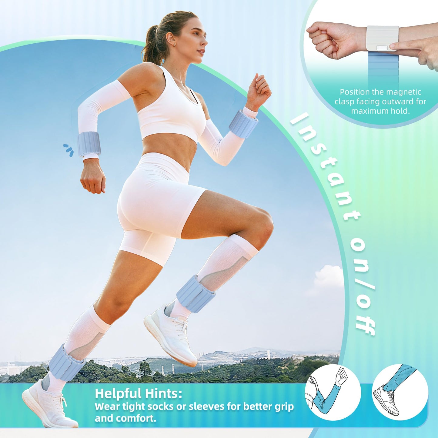 BECOJADDE Wrist Weights Ankle Weights for Women 1 Pair (1.1 lb Each) Silicone Magnetic Leg Arm Weighted Bracelet for Home Yoga Pilates Gym Workout Walking Jogging, Blue Cream