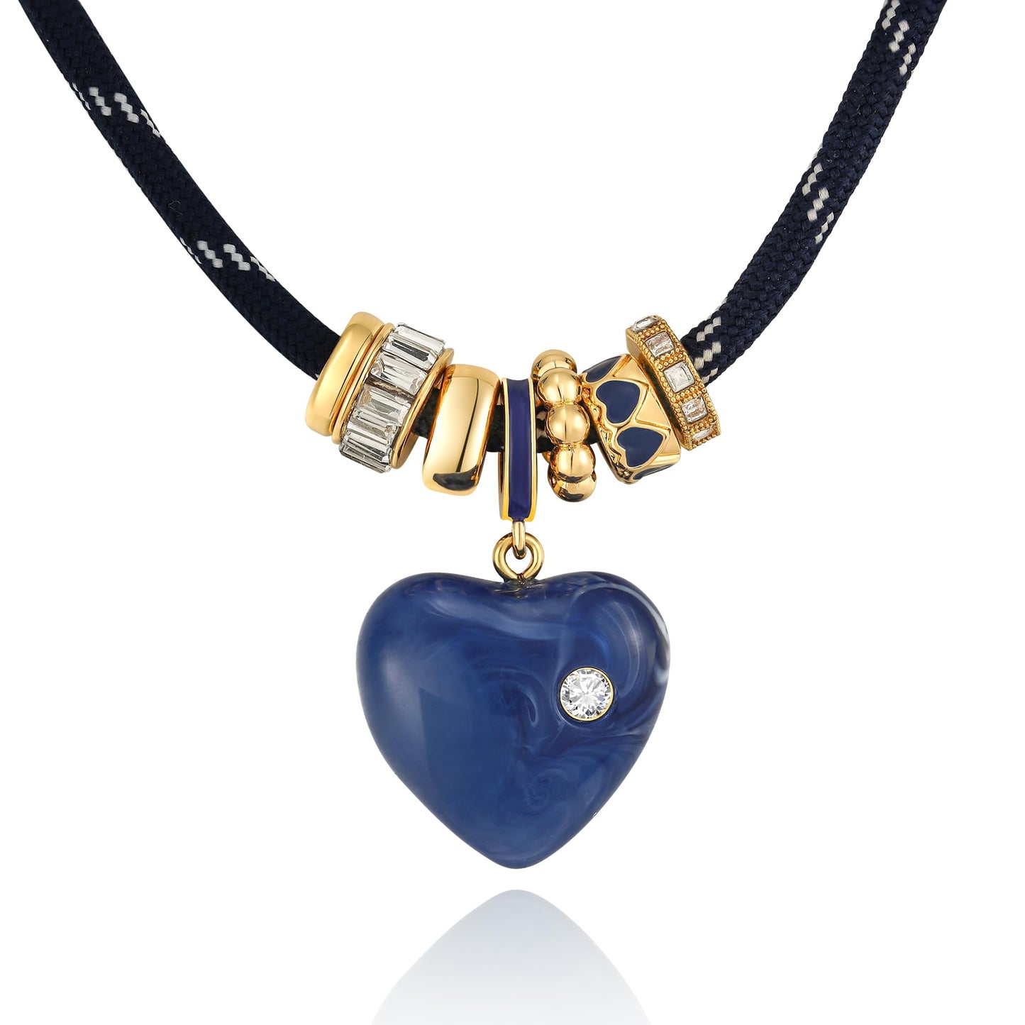 MYCUTEY Navy Blue Heart Necklace for Women Adjustable Blue Cord Choker with Gold Plated Beaded Statement Heart Pendant Rope Charm Necklace Trendy Summer Lapis Lazuli Jewelry Gifts
