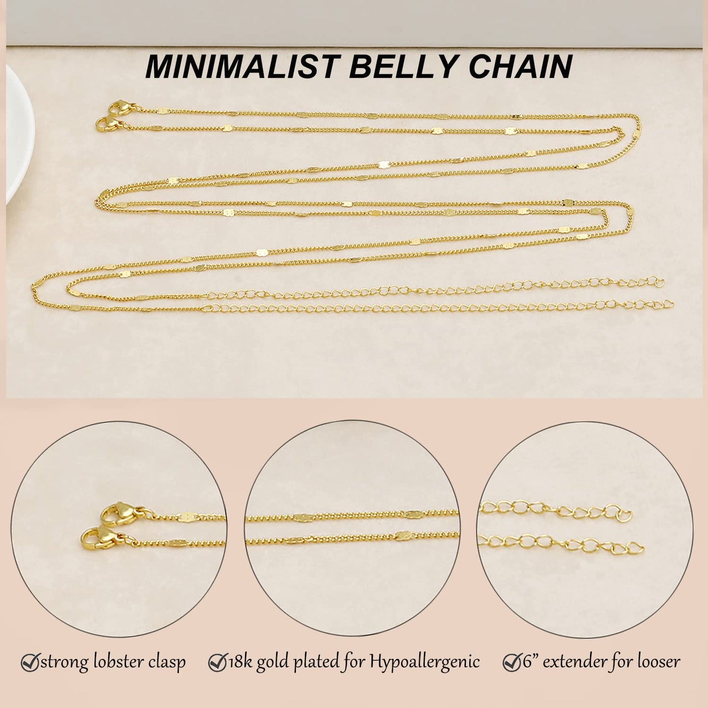 Honsny 2PCS 25-43Inch 18K Gold Plated Waist Chain Minimalist Pearl Belly Body Chain Gold Layered Sexy Bikini Body Chains Waist Jewelry for Women