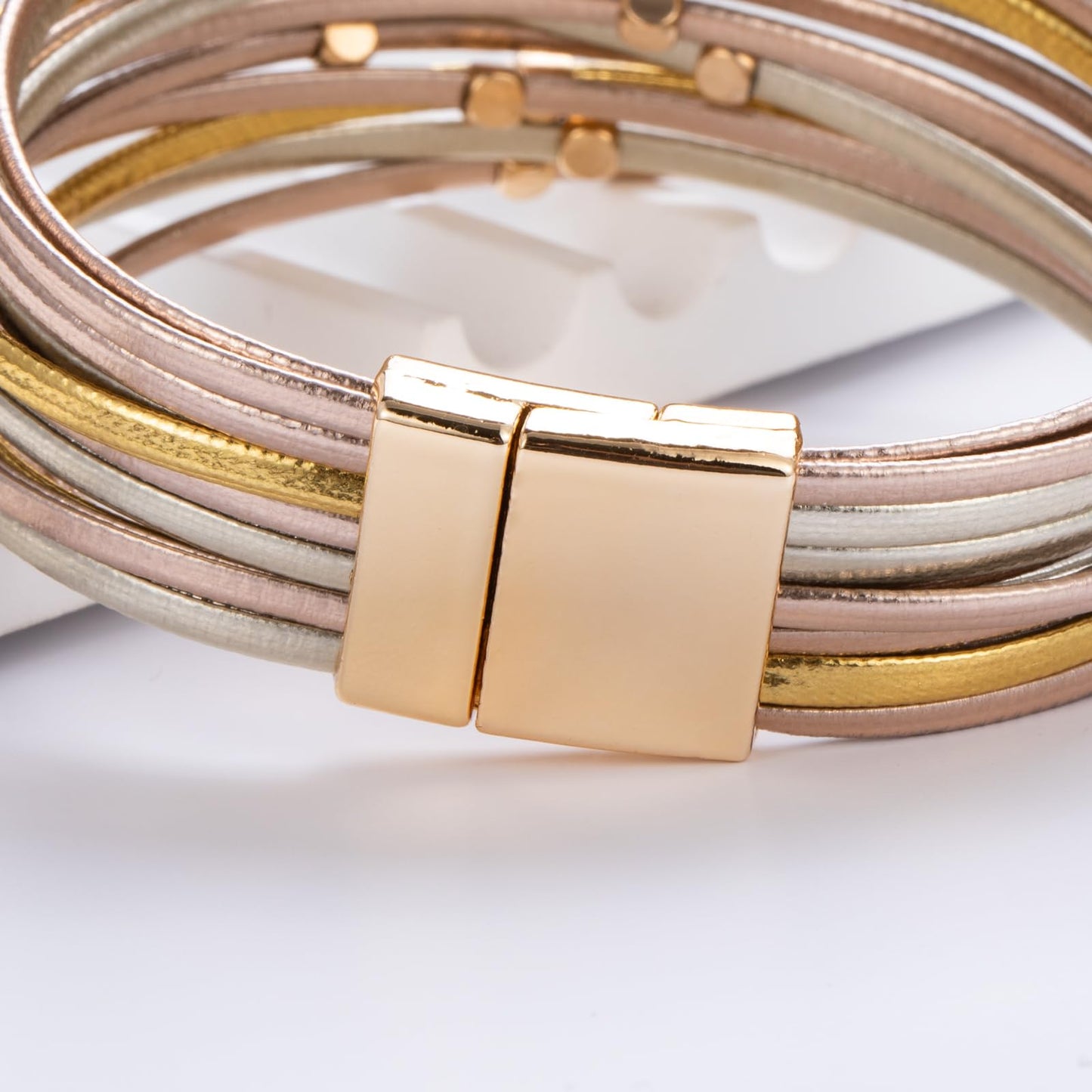 FANCY SHINY Beaded Leather Wrap Bracelets Cute Boho Stackable Bangle Cuff with Magnetic Clasp Layered Trendy Jewelry for Women(Mix Metallic)