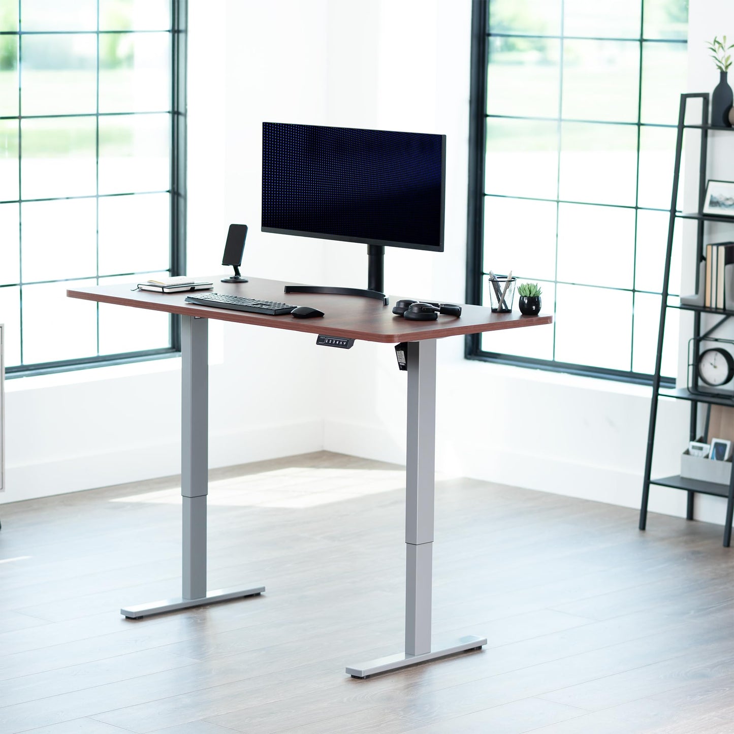 VIVO Electric 60 x 24 in Standing Desk, Memory Height Adjustment, 1B Series, Holds 220 lbs, One-Piece Dark Walnut Top, Gray Frame, DESK-KIT-1G6D