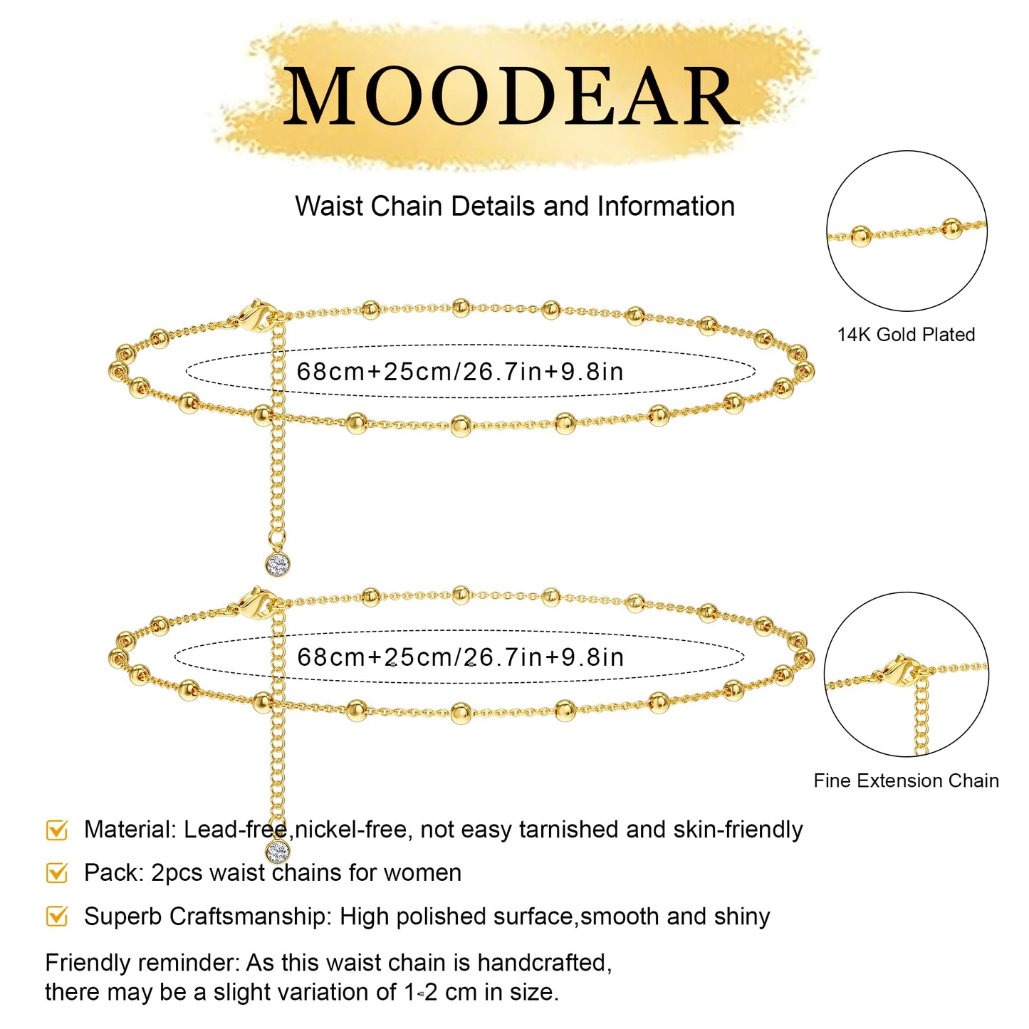 MOODEAR 14K Gold Plated Waist Chain for Women – Double 2PC Belly Bead Body Chain Belt, Spacer Beads Design, Waterproof Summer Beach Jewelry for Bikini, Dress & Vacation