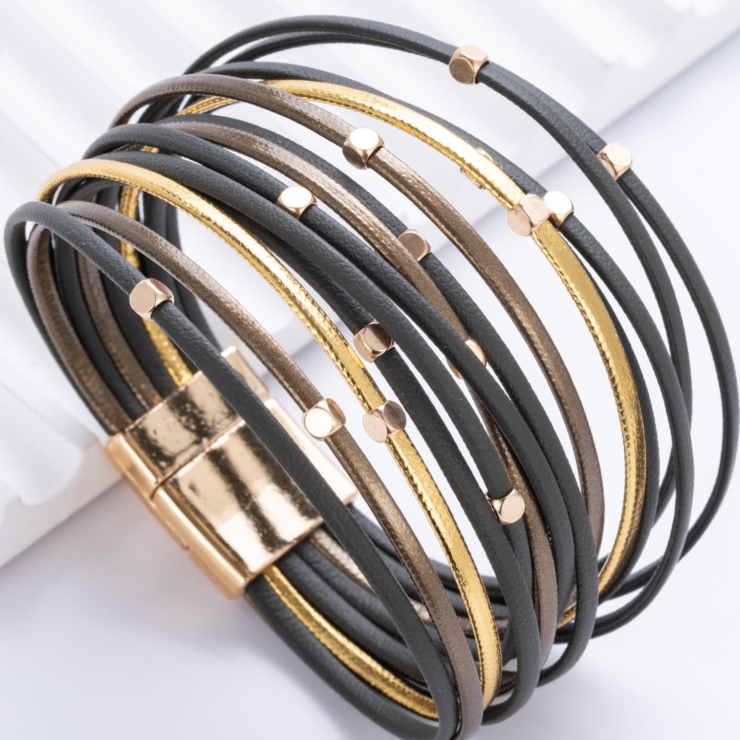 FANCY SHINY Beaded Leather Wrap Bracelets Cute Boho Stackable Bangle Cuff with Magnetic Clasp Layered Trendy Jewelry for Women(Green)