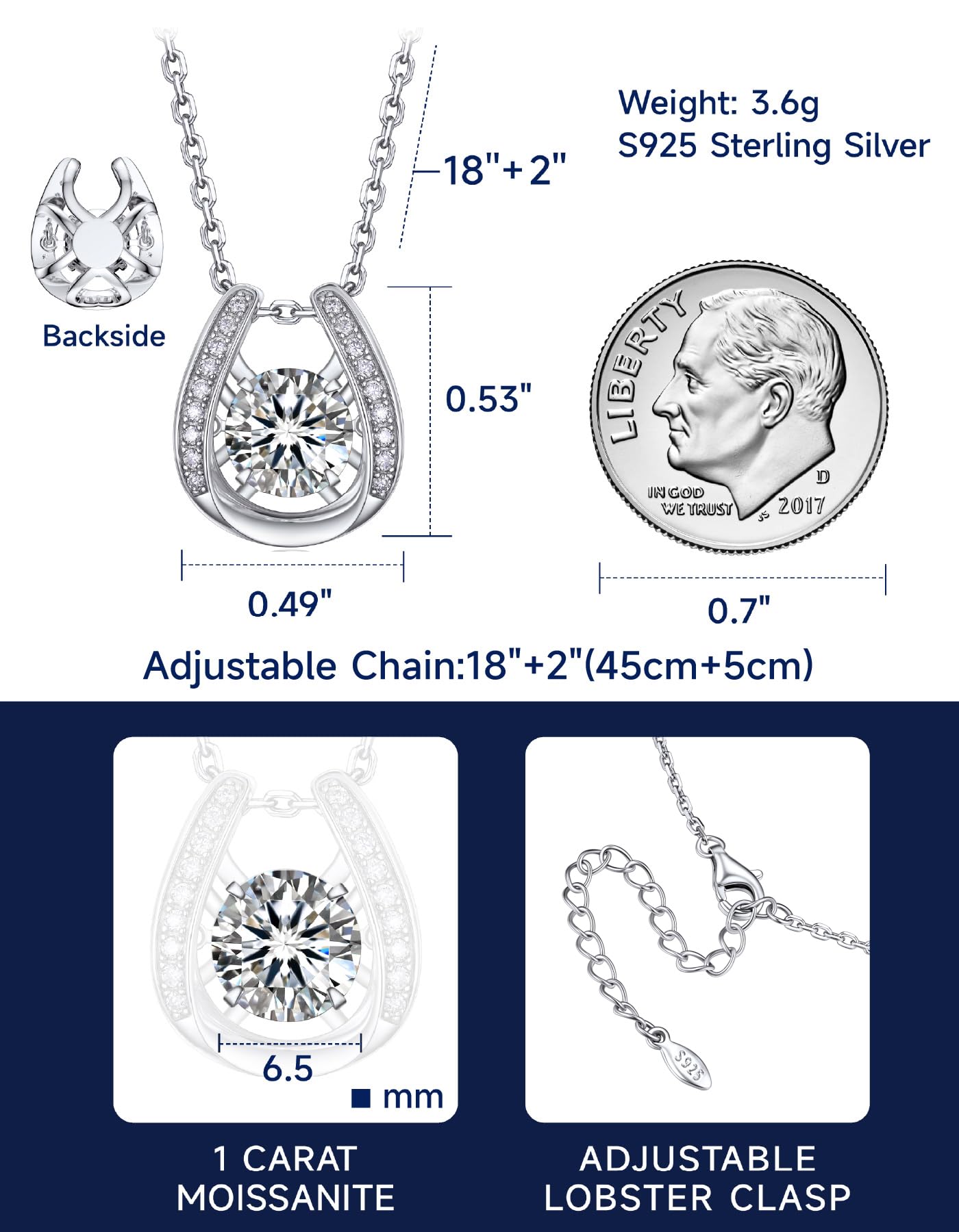 MomentWish Horseshoe Necklace for Women, Sparkling Gifts for Wife, 1Carat Moissanite Pendant for Women 925 Sterling Silver Dance Necklace, Birthday Anniversary