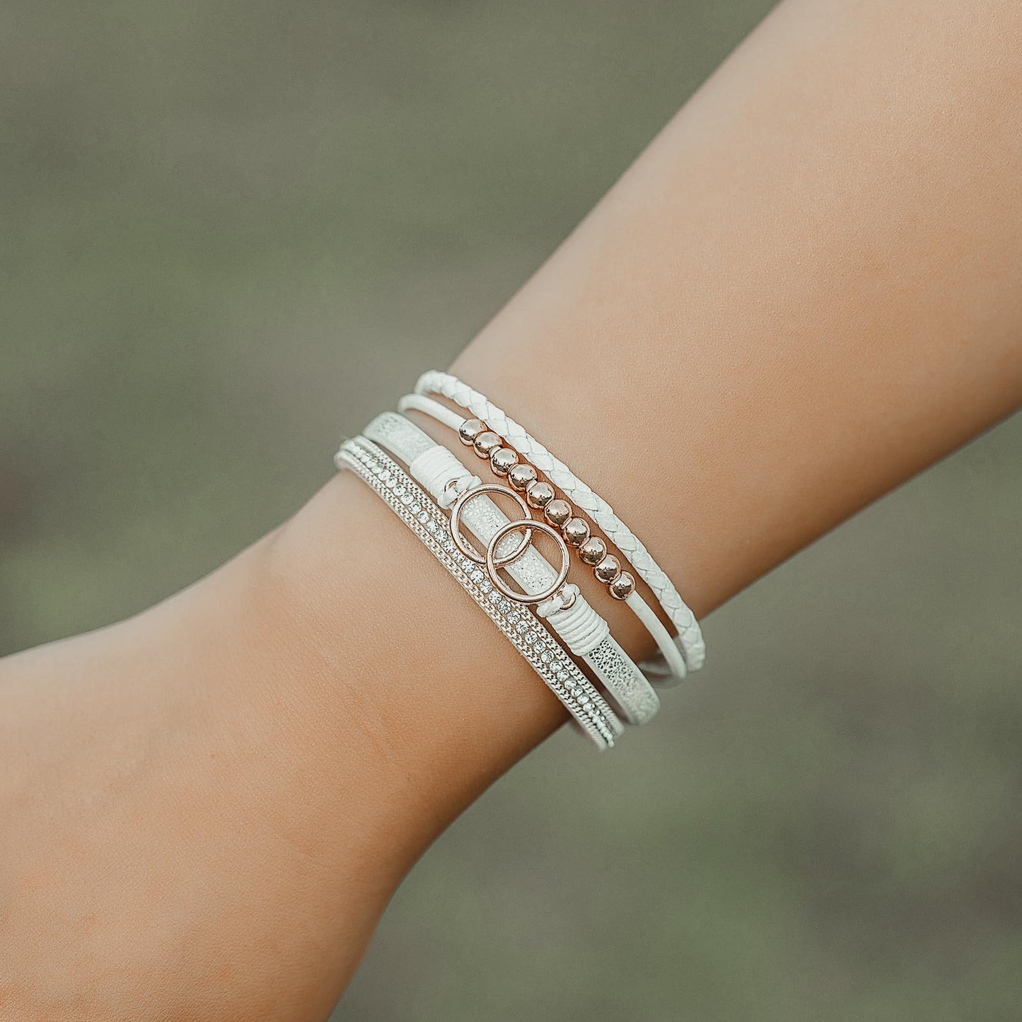 FANCY SHINY Boho Leather Wrap Bracelet Stackable Beaded Infinity Chunky Cuff Bracelets with Magnetic Clasp Western Hippie Outfits Jewelry Gifts for Women(White)