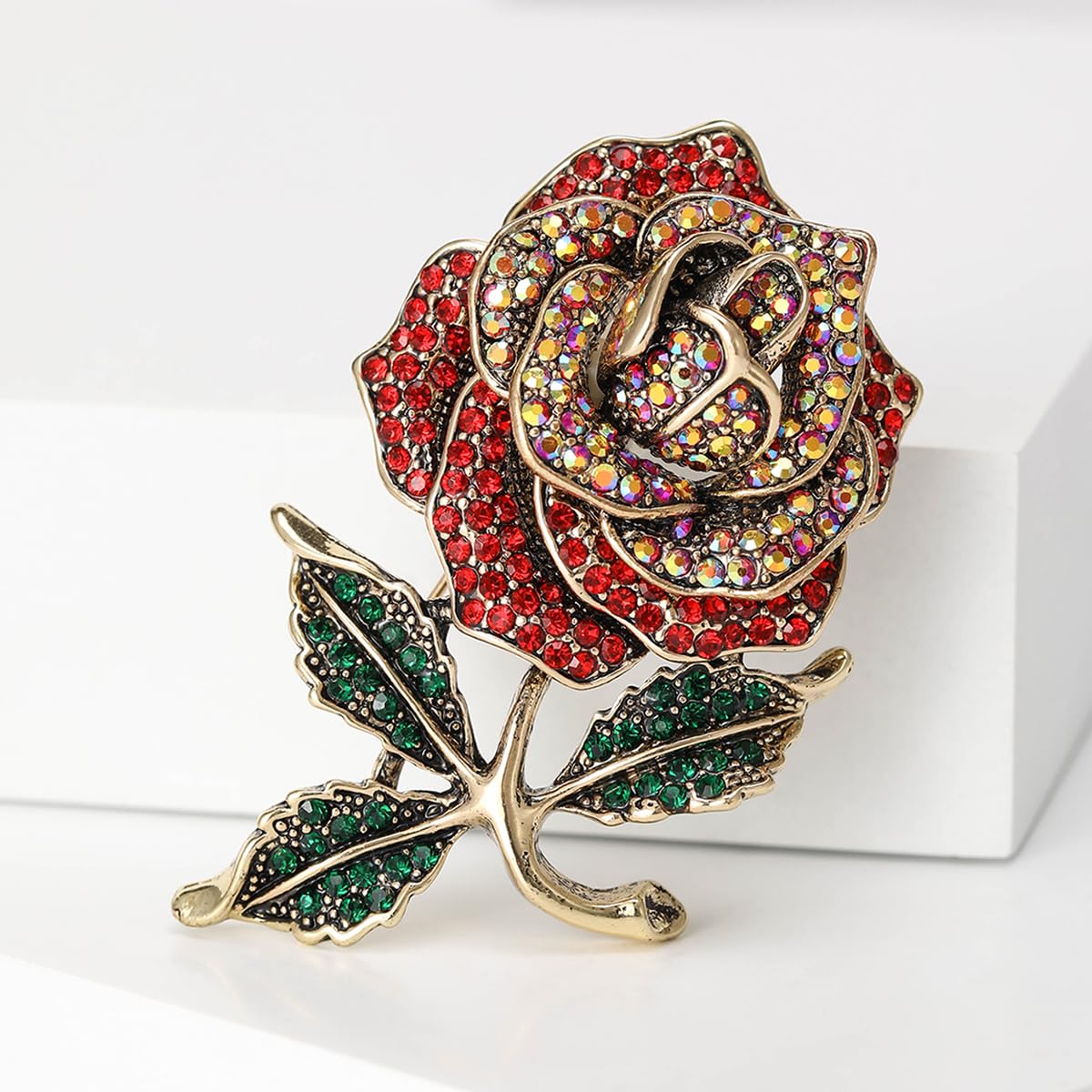 YOQUCOL Rose Flower Brooch Pin for Women Golden Cubic Zirconia Crystal Flower Lapel Pin Brooches
