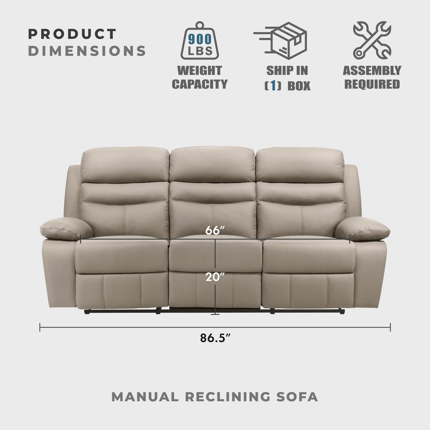 Lexicon 86.5" W Manual Reclining Sofa, Top Grain Leather Match Reclining Sofa, Home Theater Seating, Wall Hugger Recliner Couch, Manual Double Recliner RV Couch for Living Room, Latte