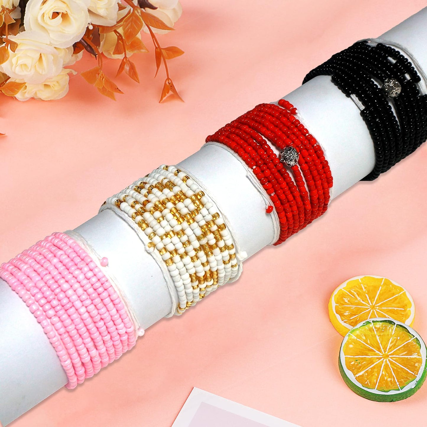 Teniinet 4PCS 50” Handmade African Waist Beads for Women Non-Stretching(Tie-on) Style 4