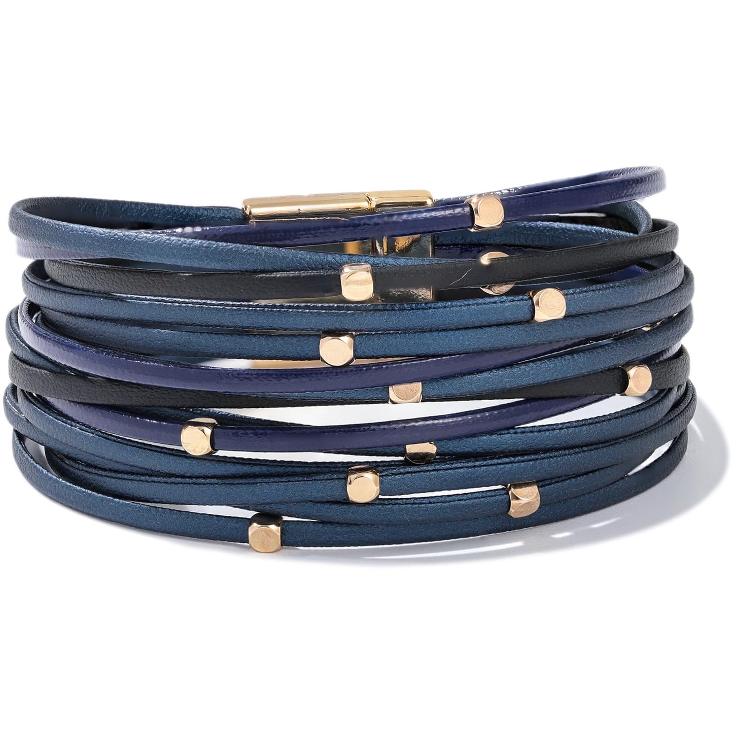 FANCY SHINY Beaded Leather Wrap Bracelets Cute Boho Stackable Bangle Cuff with Magnetic Clasp Layered Trendy Jewelry for Women(Navy Blue)