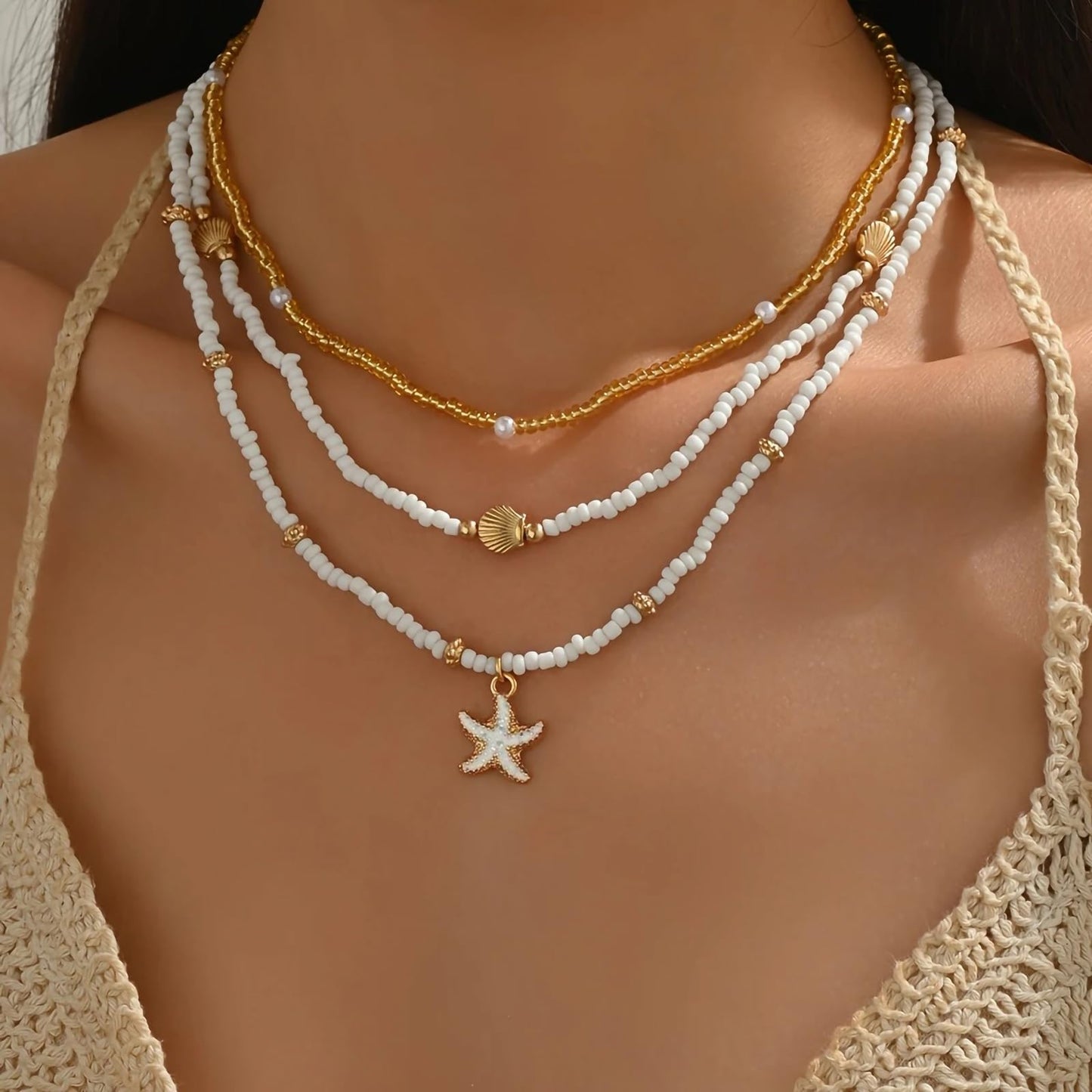 Shell Starfish Necklace for Women, 14k Gold Plated Boho Layered Beaded Charm Pendant Necklace, Dainty Adjustable Pearl Conch Summer Beach Vacation Jewelry Gifts(Starfish 3pcs)