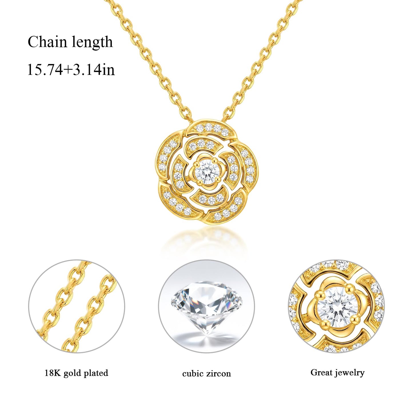 Tessalyn 18K Gold Plated Zircon Necklace for Women Gold-Tone Copper Base Pave CZ Diamond-Cut Pendant Gift Box Included