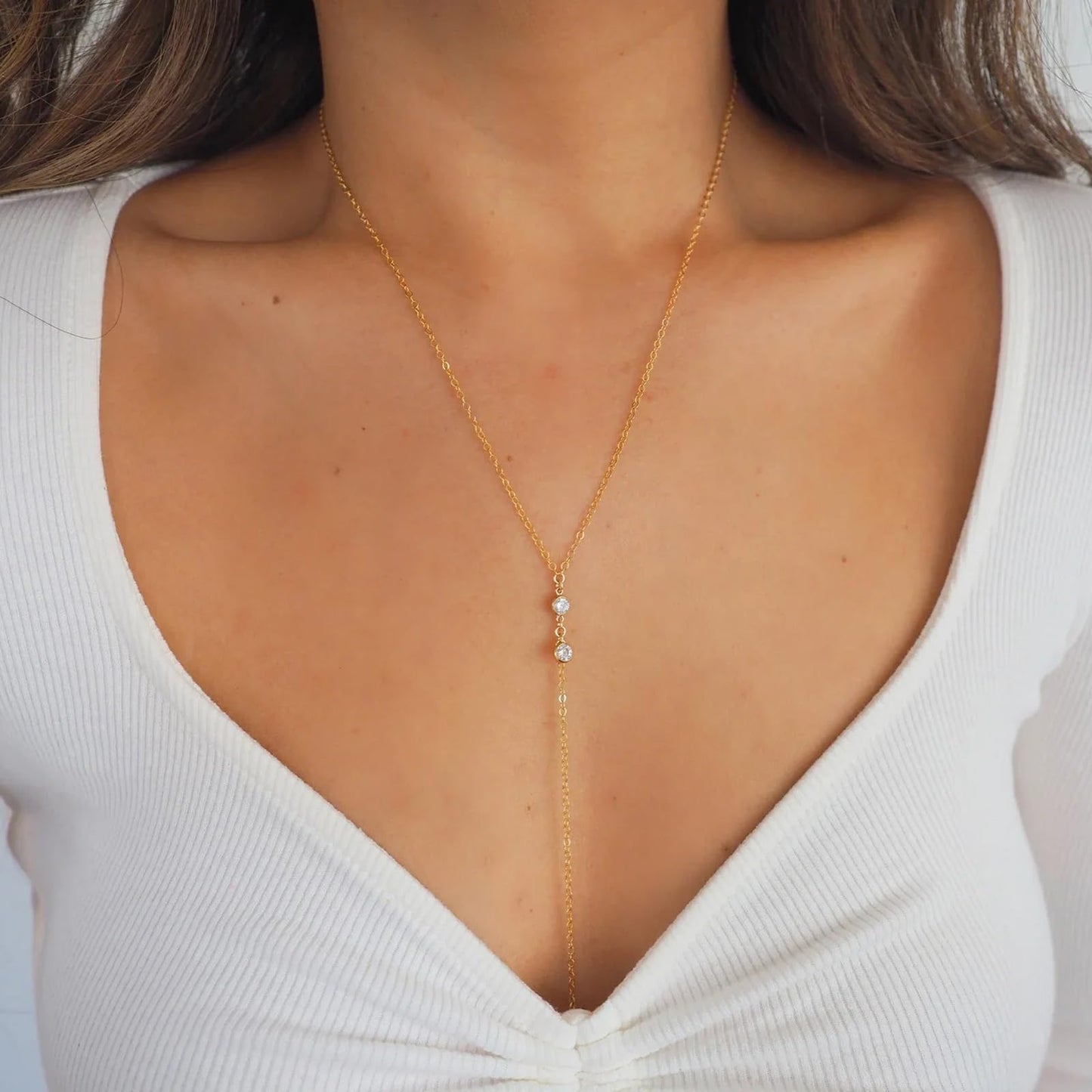 14K Gold Plated Body Chains for Women, Sexy Layered Belly Waist Chain Crossover Bikini Bra Chain, Summer Beach Rhinestone Body Jewelry(6 Imitation Diamonds)
