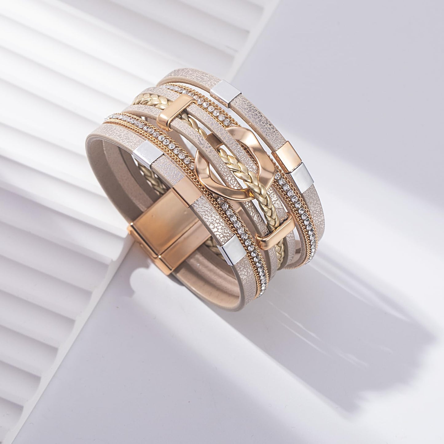 FANCY SHINY Boho Leather Wrap Bracelets Circle Square Bead Braided Handmade Stackable Bracelet Trendy Cuff Bangle for Women(Cream)