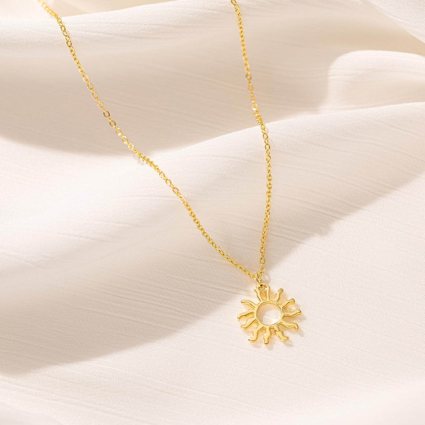 BSGRL Gold Necklace: 14K Gold Plated Dainty Sun Pendant Little Sun Solar Light Necklace for Women 16.5”+2” ext