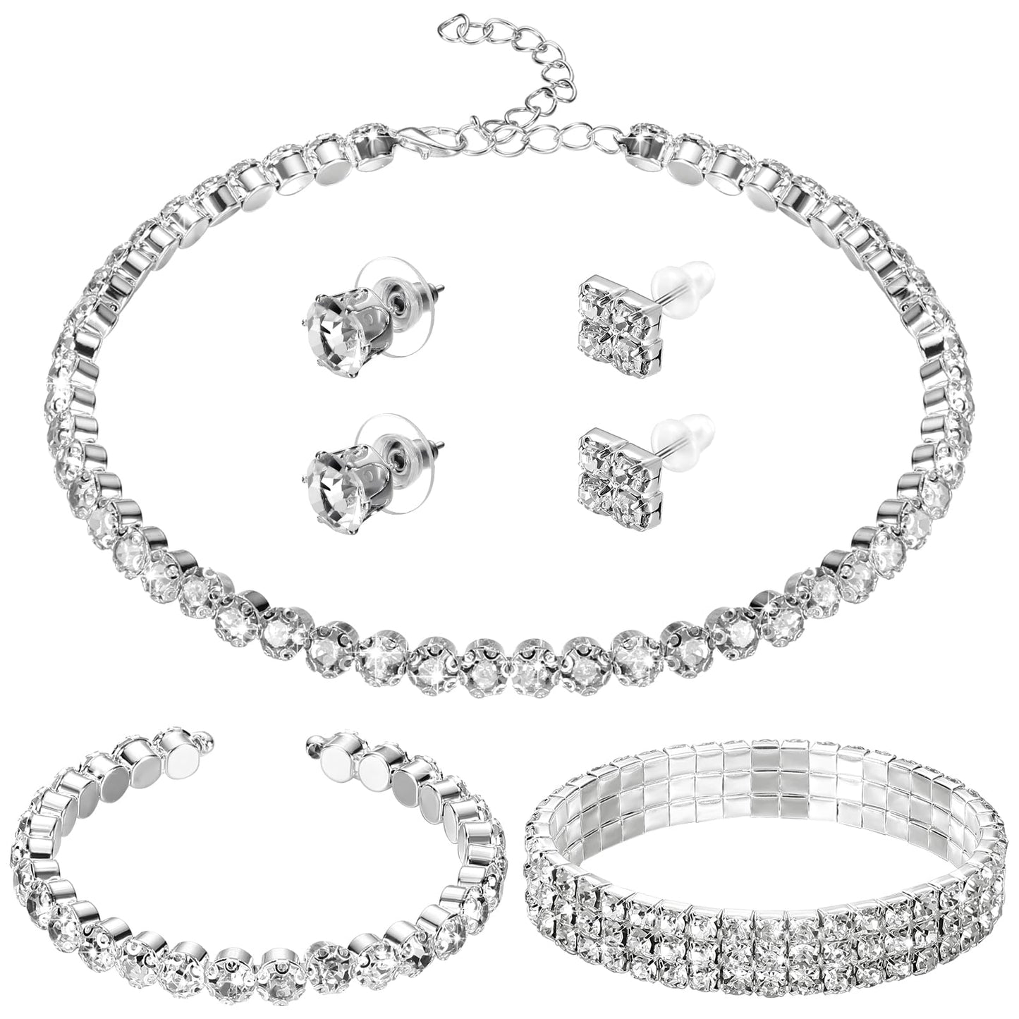 Glenmal Pearl Rhinestone Jewelry Set for Women Pearl Necklace Bracelet Earrings for Wedding Birthday Bridal Shower Tea Party(Fresh Style)