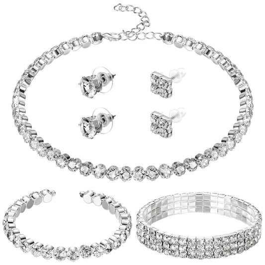 Glenmal Pearl Rhinestone Jewelry Set for Women Pearl Necklace Bracelet Earrings for Wedding Birthday Bridal Shower Tea Party(Fresh Style)