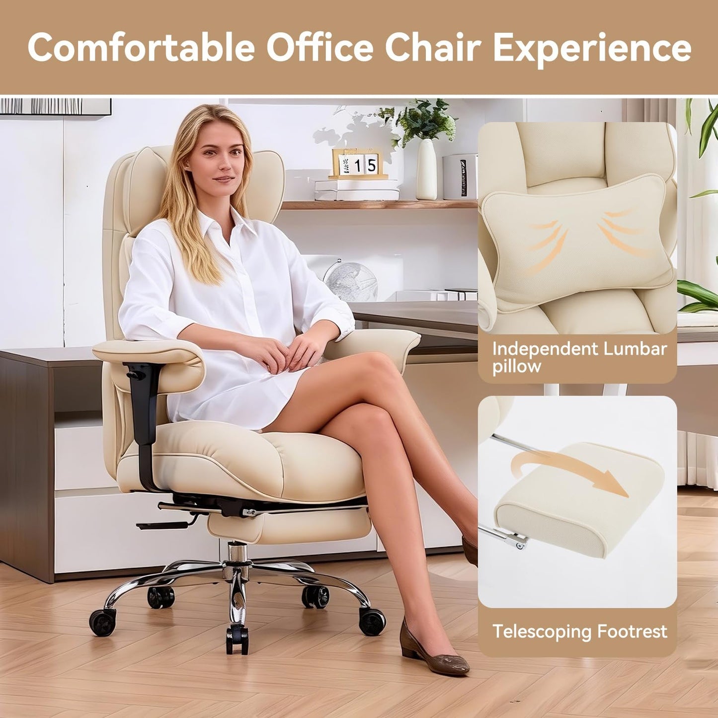 Efomao Big and Tall Office Chair with Footrest - Breathable Mesh Executive Chair, Heavy Duty Computer Desk Chair for Home Office, Ergonomic Lumbar Support & Reclining Mesh Gaming Chair, Beige