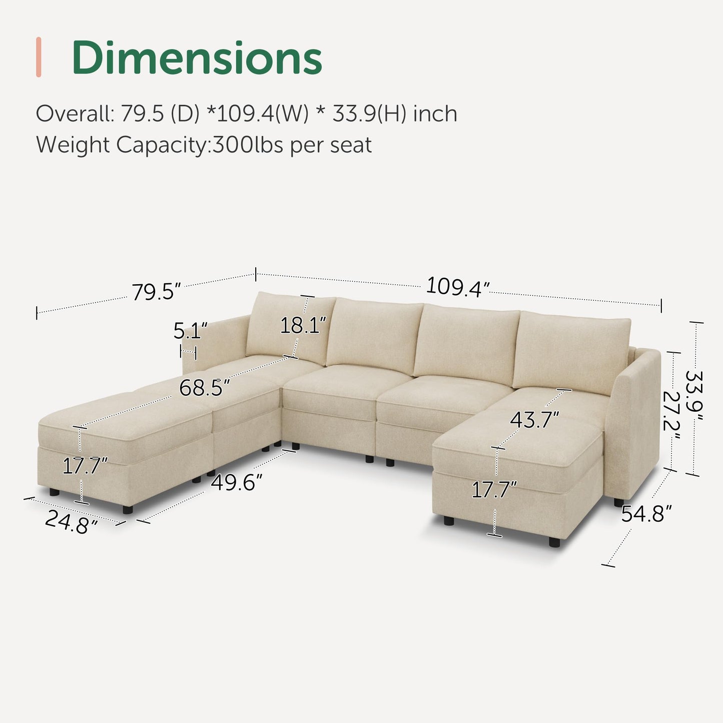 HONBAY Modular Sofa U Shaped Sectional Couch with Storage, Convertible Modular Sofa 7 Seats Sectional for Living Room - Beige