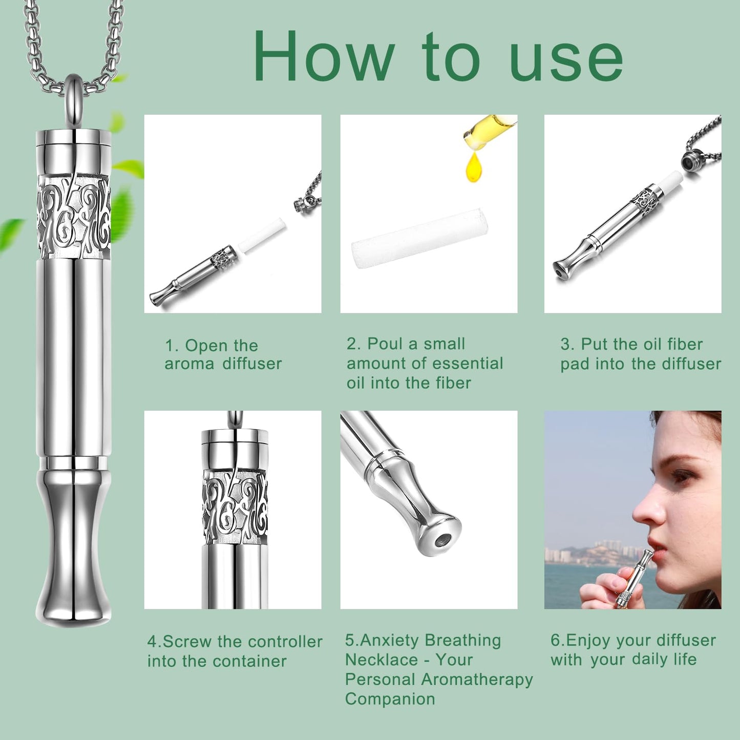 Anxiety Relief Pendant Mindfulness Breathing Necklace - Essential Oil Diffuser & Personal Inhaler Aromatherapy Necklaces for Women & Men (Steel)
