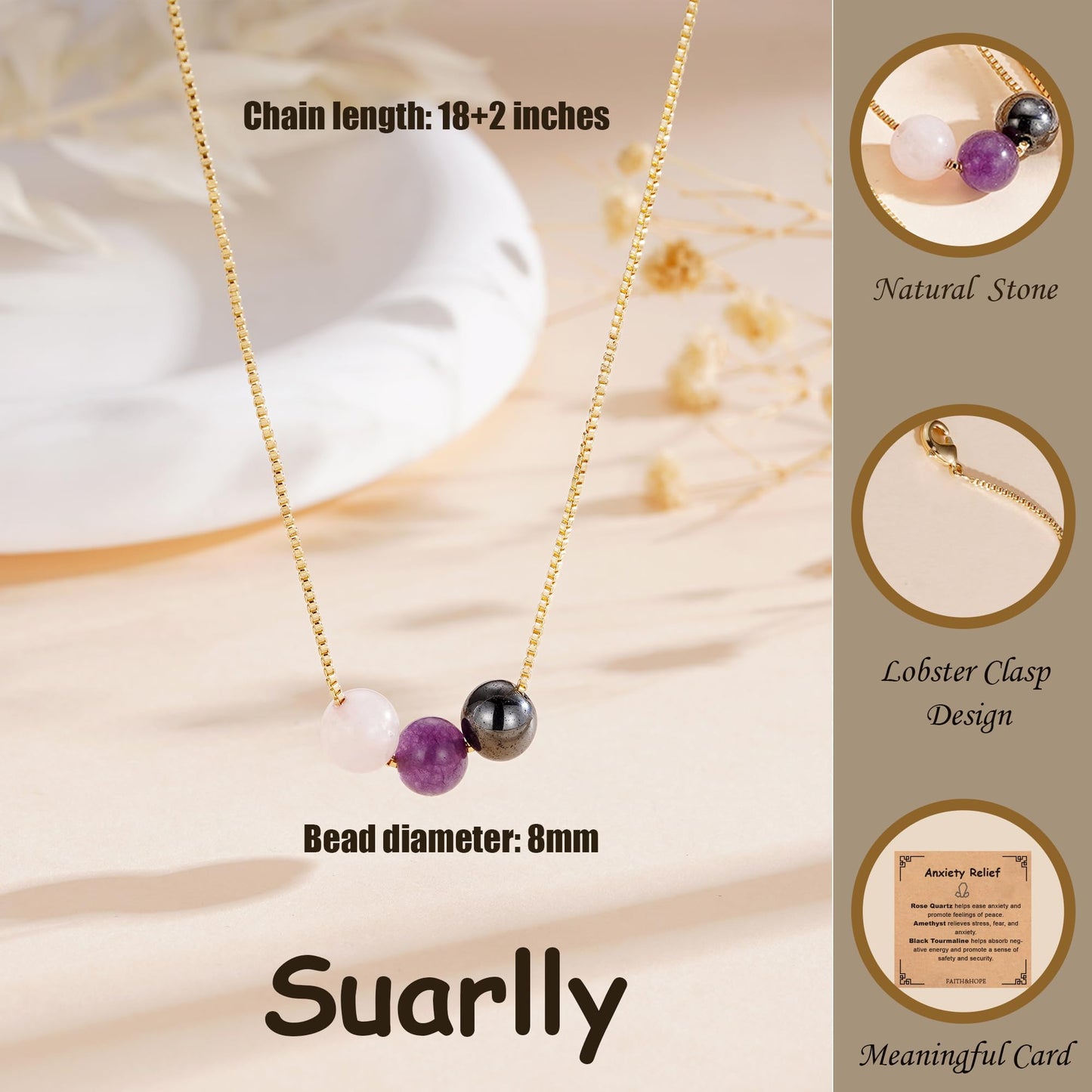 Suarlly Healing Crystal Necklace for Women 14k Plated Gold Beaded Necklace Tiger Eyes Anxiety Relief Triple Protection Gifts for Friends Sister Mom Daughter Jewelry