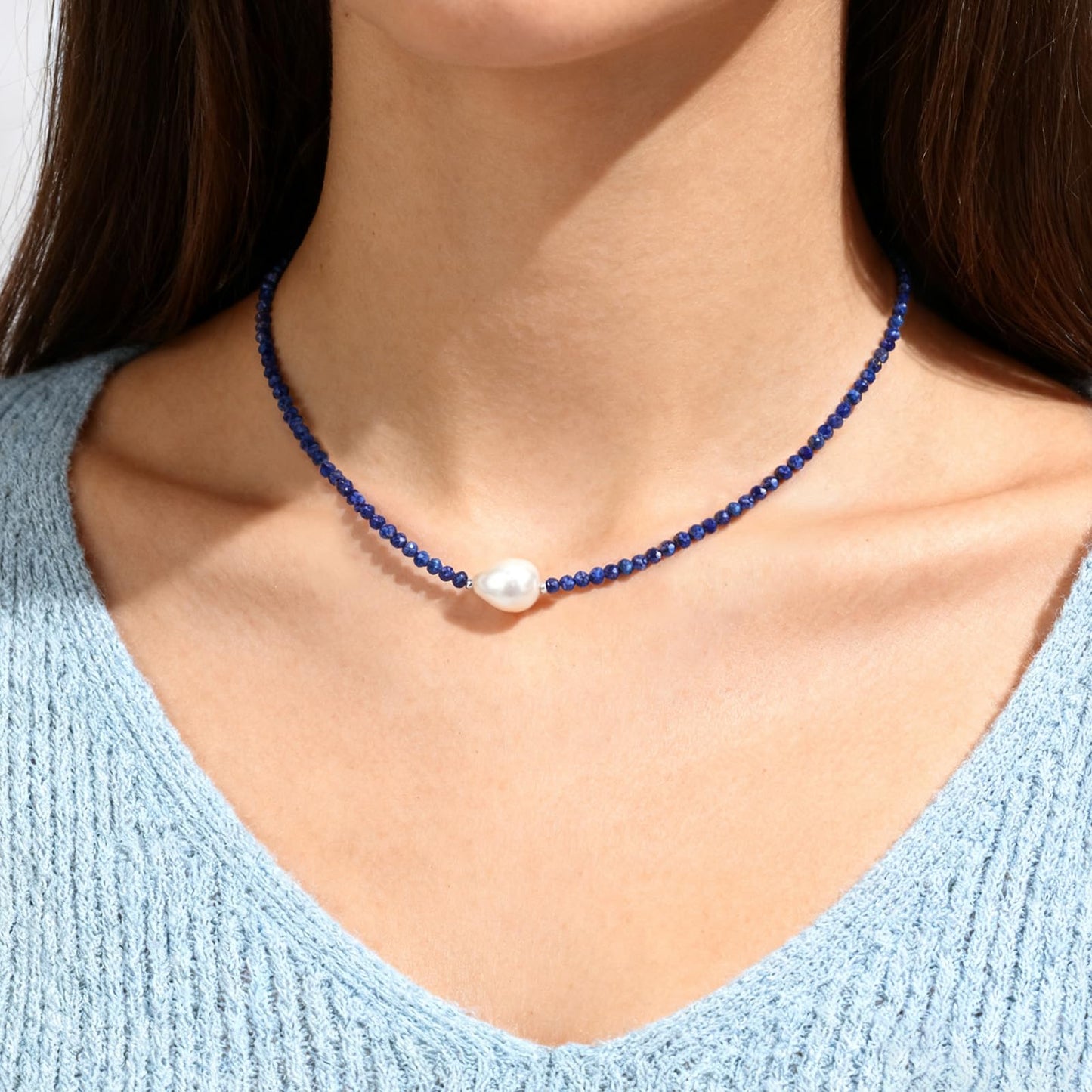 Pearl Necklaces for Women Trendy Single Pearl Necklace Natural Stone Lapis Lazuli Gemstone Beaded Choker Necklace for Women Handmade Jewelry Christmas Gift