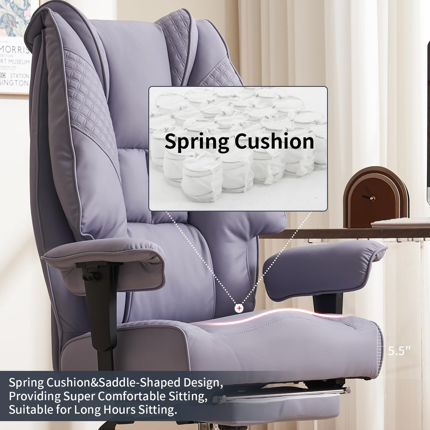 EXCEBET Big and Tall Office Chair 400lbs Wide Seat, Leather High Back Executive Office Chair with Foot Rest, Ergonomic Chairs Lumbar Support for Lower Back Pain Relief (Light Purple)