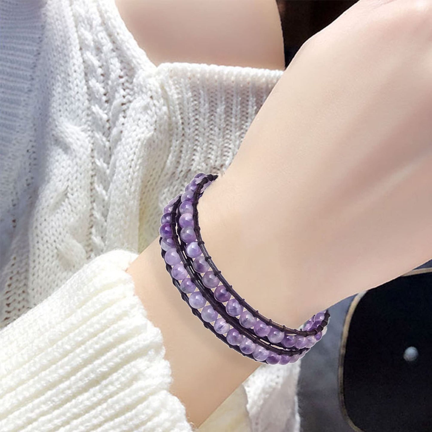 Ayriwoyi Purple Amethyst Bracelet Beaded Wrap Bracelet for Women Healing Crystal Bracelet Adjustable Natural Stone