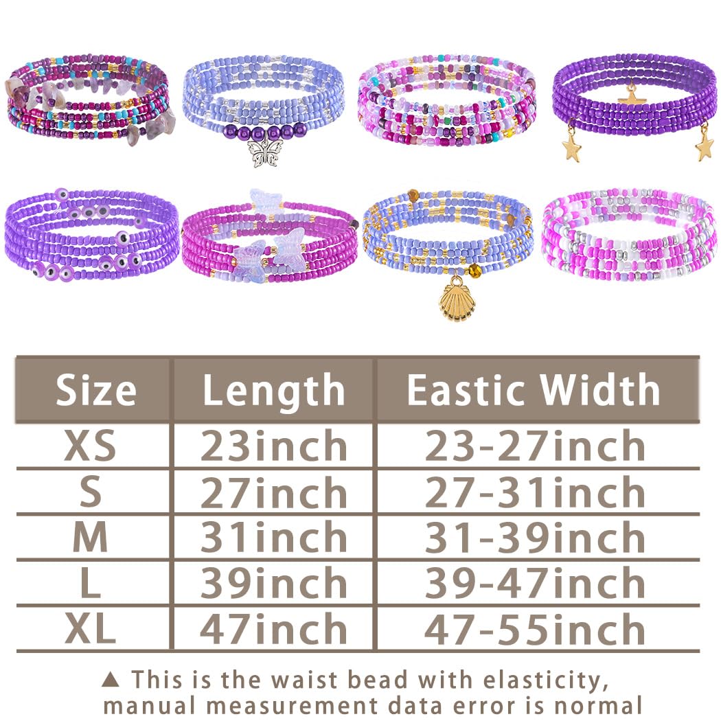 ELABEST 24-39inch African Waist Beads for Women 8Pcs Elastic Belly Beads Colorful Beaded Waist Jewelry Accessories Body Chain (Purple, 27.5inch/70cm)