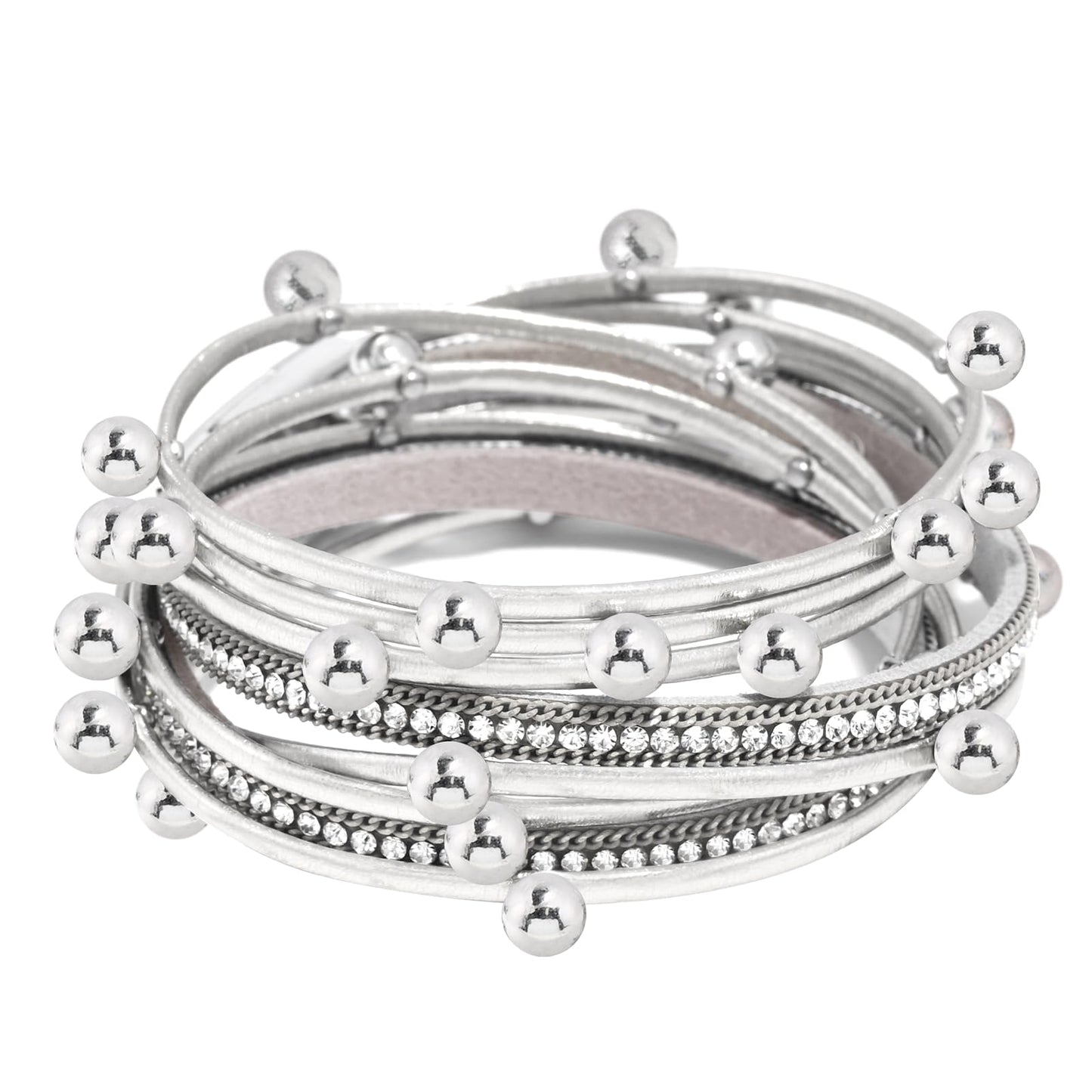VIBILIA Boho Leather Wrap Bracelets for Women Trendy Multi-Layer Crystal Beads Cuff Bracelets with Strong Clasp Jewelry for Women-Silver