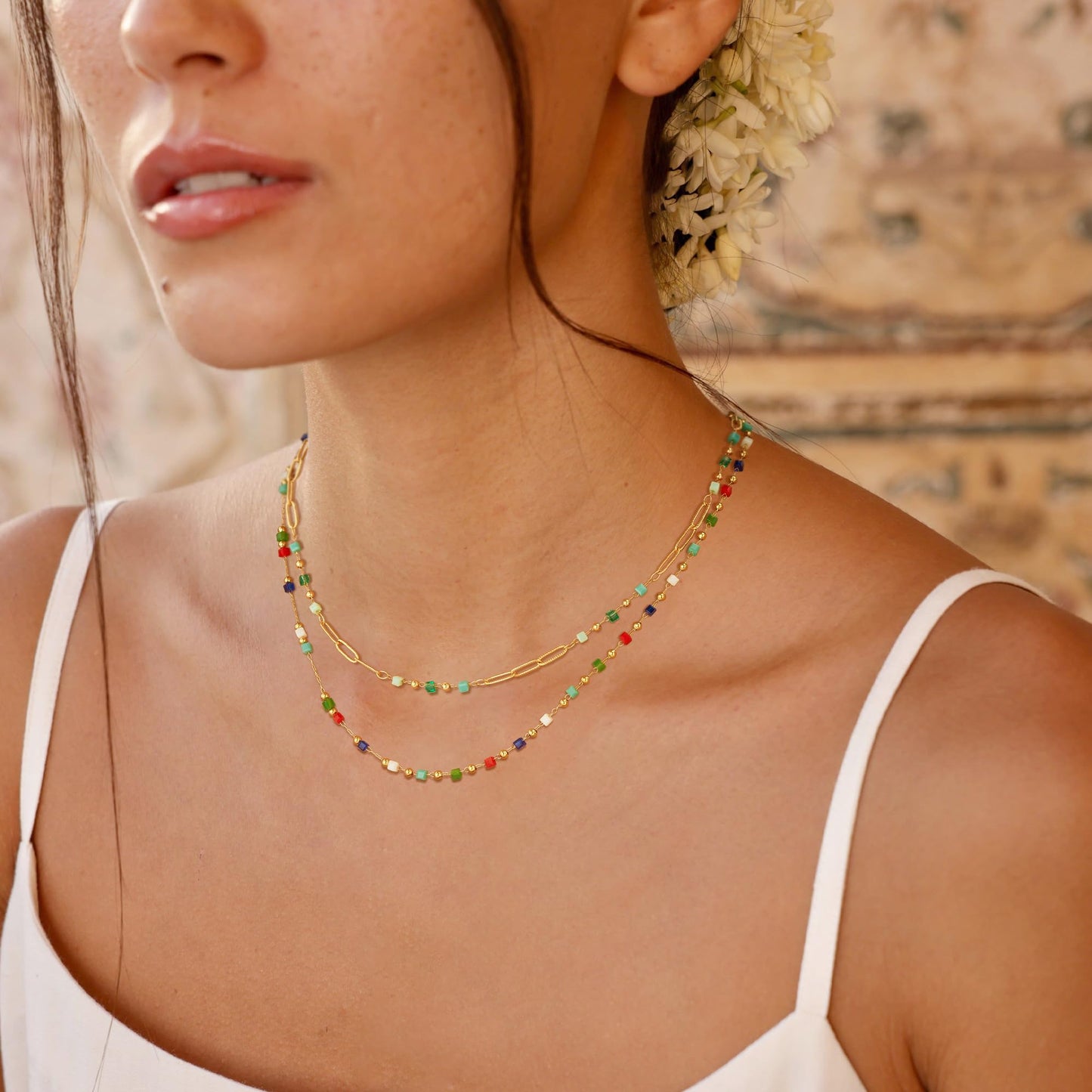 MTMY Beaded Necklaces for Women 14K Gold Plated Dainty Colorful Green/Rose Beaded Pearl Choker Necklace Delicate Boho Jewelry Gift (Layer-mix color)
