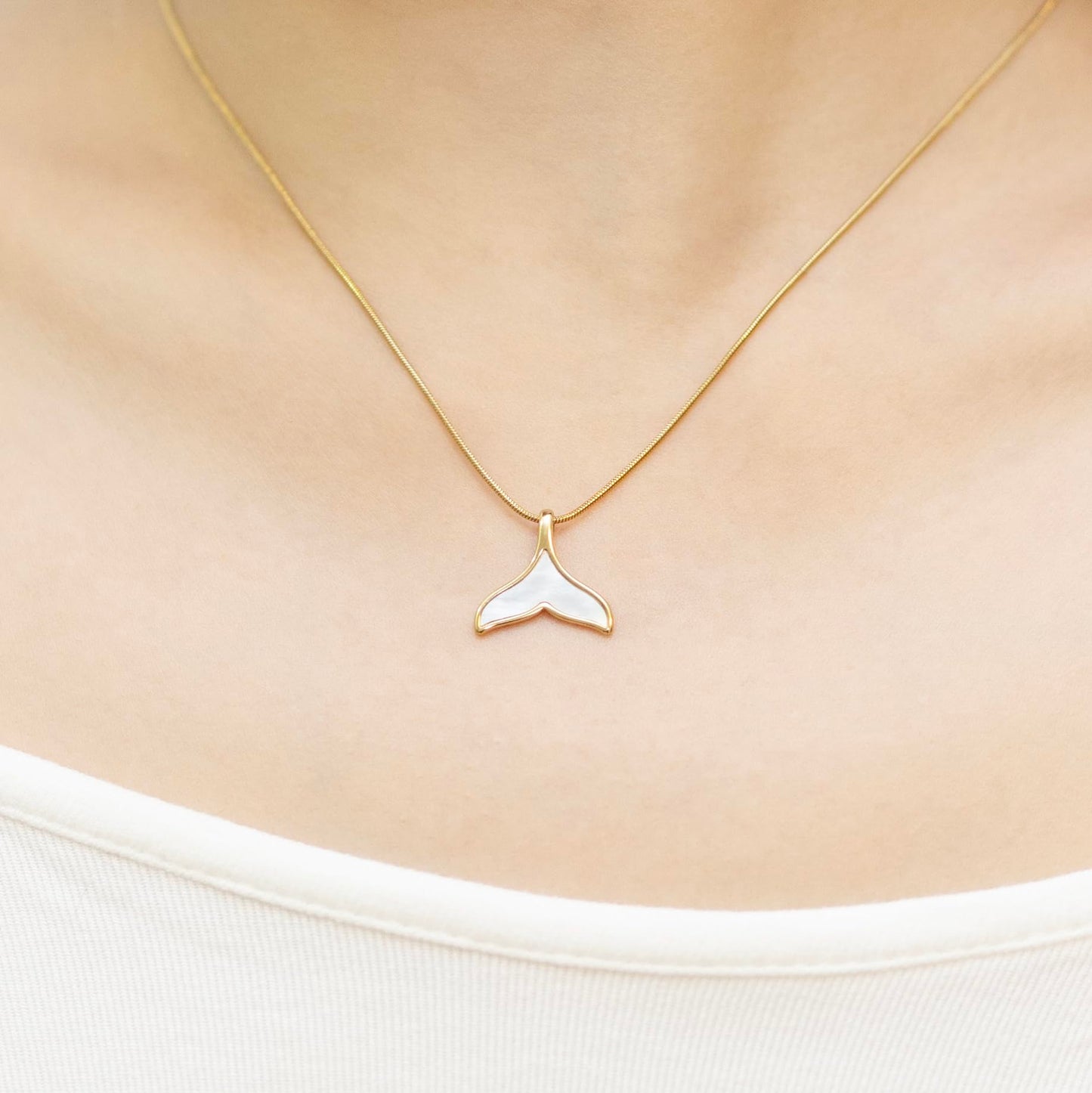 Mermaid Tail Choker Necklace for Women, 14K Gold Plated Mother-of-Pearl Pendant on Adjustable Stainless Steel Snake Chain, Dainty Ocean-Inspired Jewelry Gift