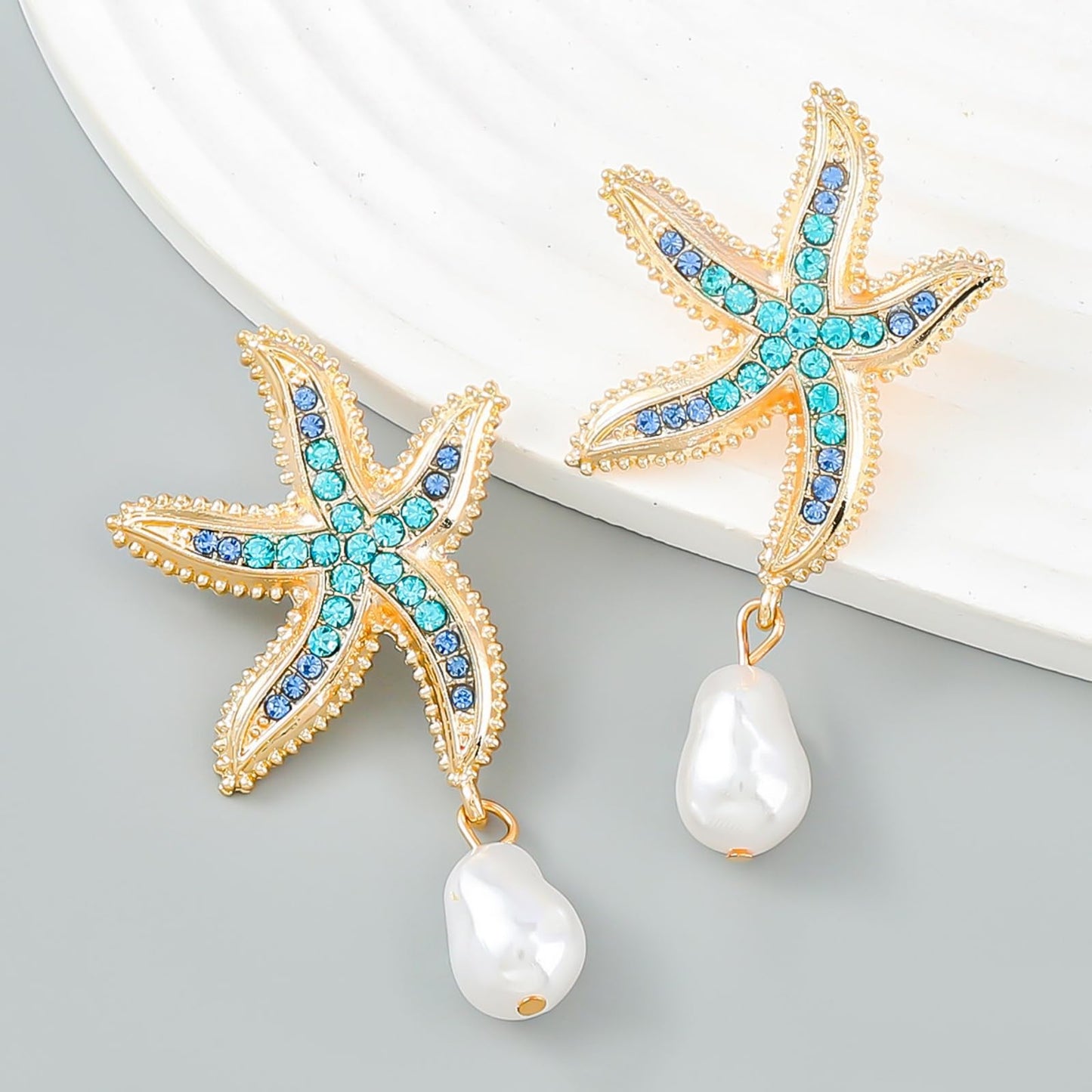 Gold Starfish Pearl Earrings for Women Vintage Charm Blue Sea Star Shell Ocean Animal Chic Crystal Rhinestone Seashell Baroque Pearls Dangle Drop Earrings for Boho Summer Beach Party Holiday Jewelry (Blue starfish)