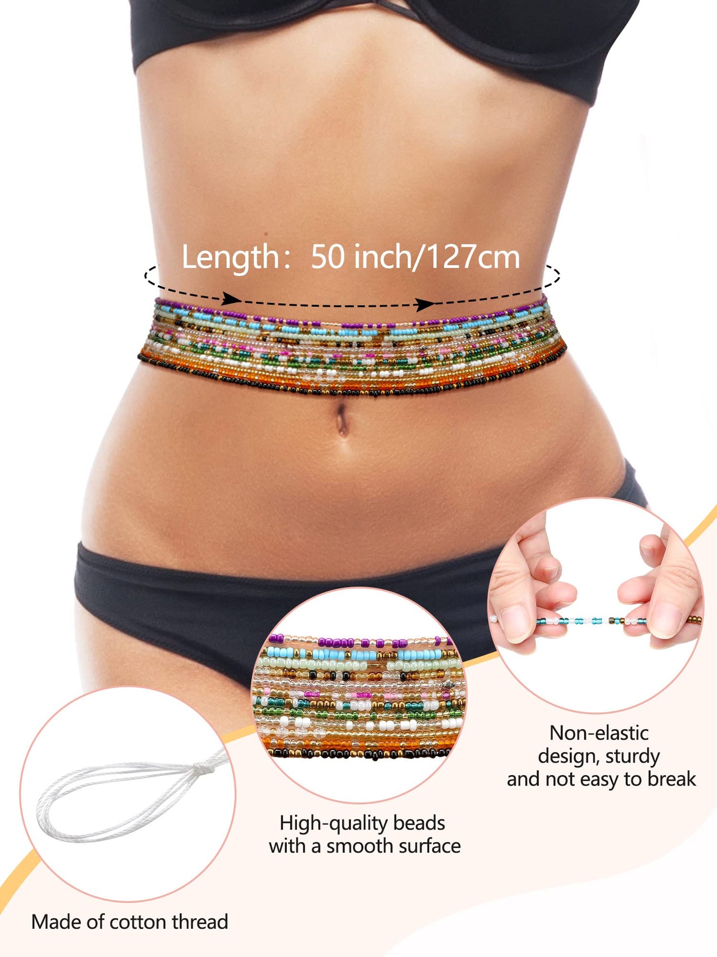 Fumete 12 Pcs Waist Beads Set Handmade African Belly Beads Chain Plus Size Body Jewelry Non Stretching Belly Chain for Women(Stylish,50 Inch)
