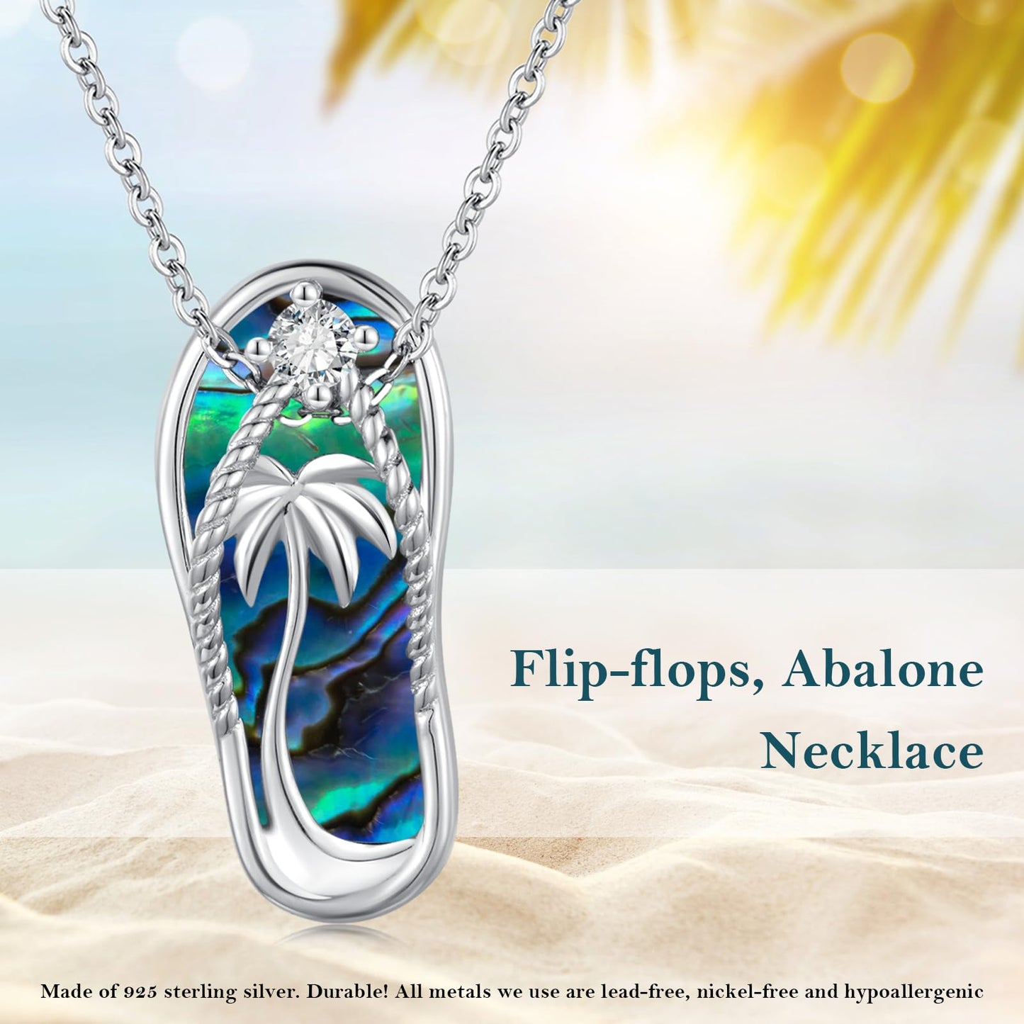Midir&Etain Summer Necklace 925 Sterling Silver Palm Tree Pendant Beach Abalone Necklace Flip-Flop Jewelry for Women