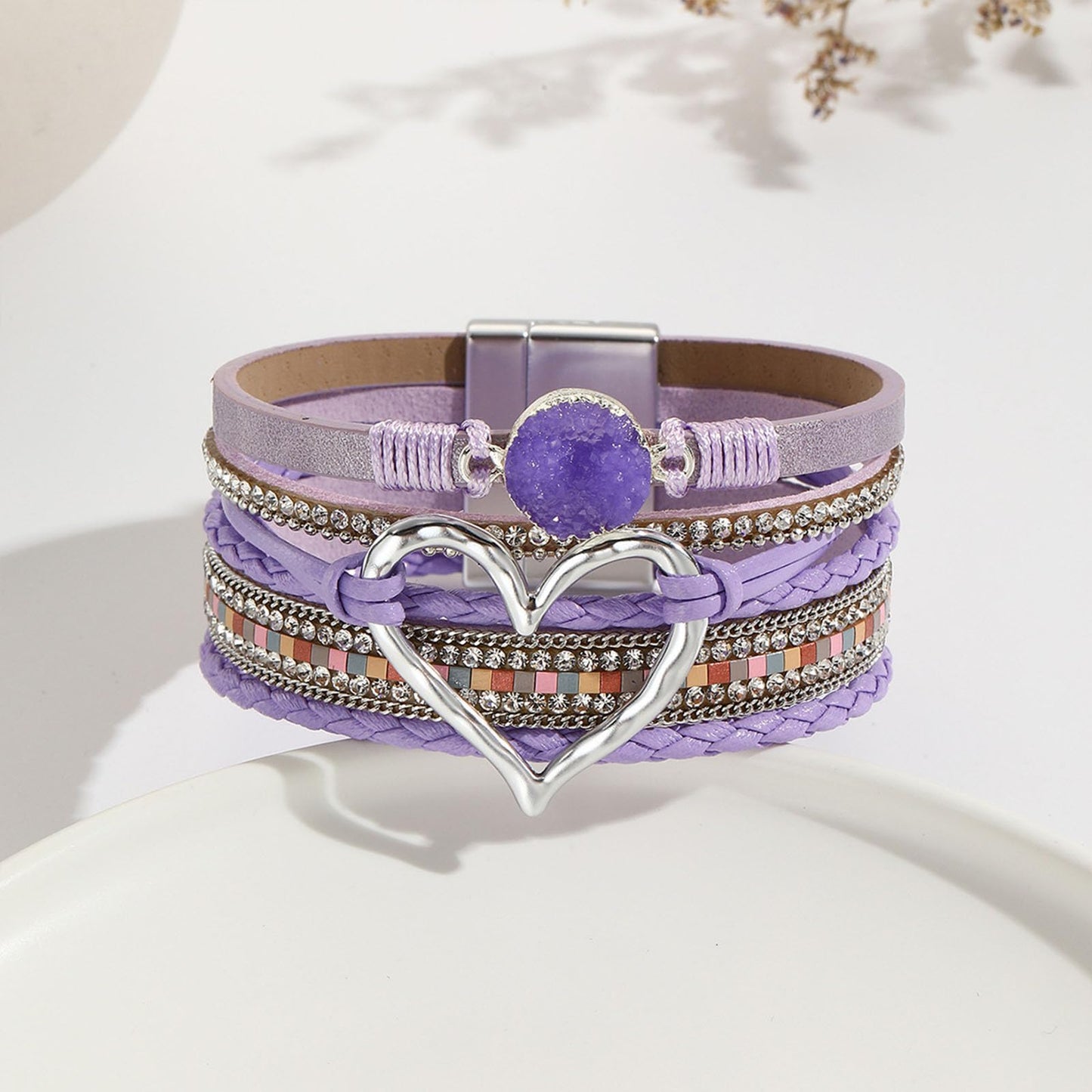 VIBILIA Boho Leather Wrap Bracelets for Women Heart Multi-Layer Bracelets with Strong Clasp Jewelry for Women - Purple