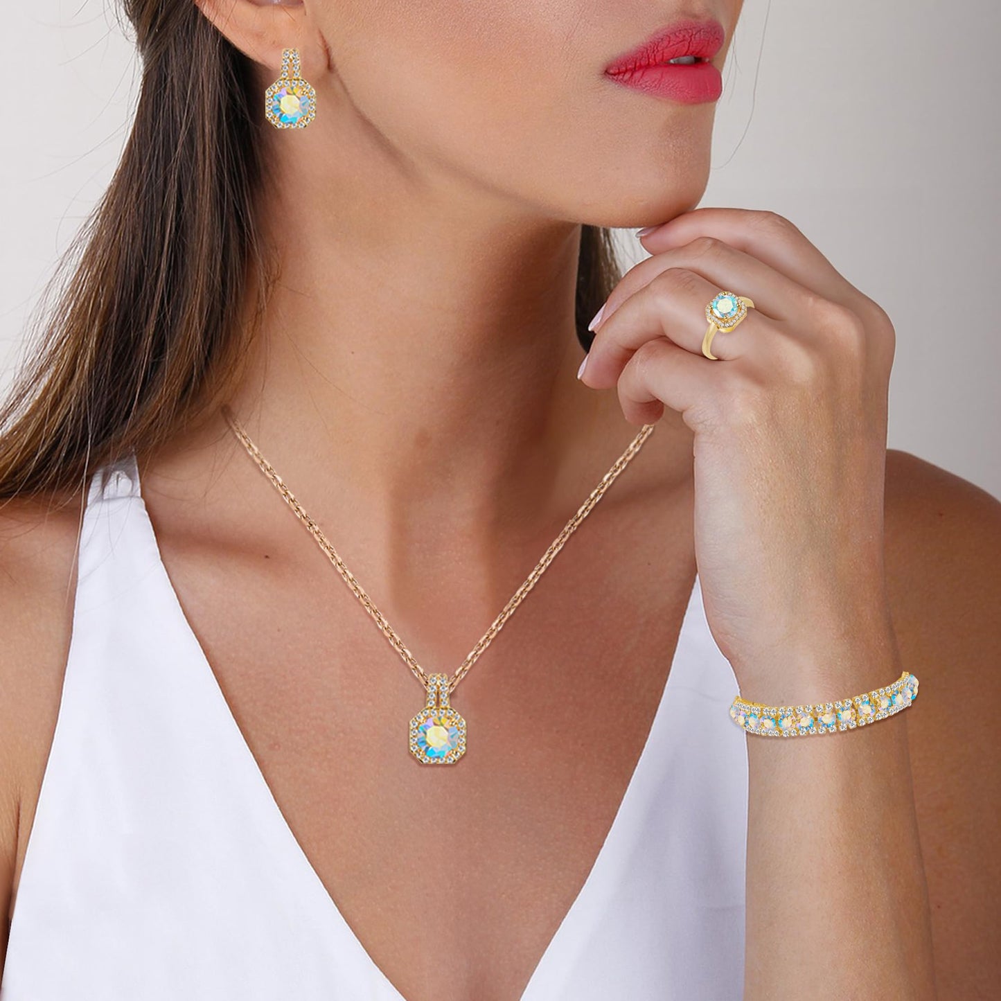 4pcs Cubic Zirconia Wedding Jewelry Sets for Bride Bridesmaid Cubic Zirconia Pendant Necklace Earrings Link Tennis Bracelet Open Ring Set (Gold Plated Iridescent AB Cubic Zirconia)