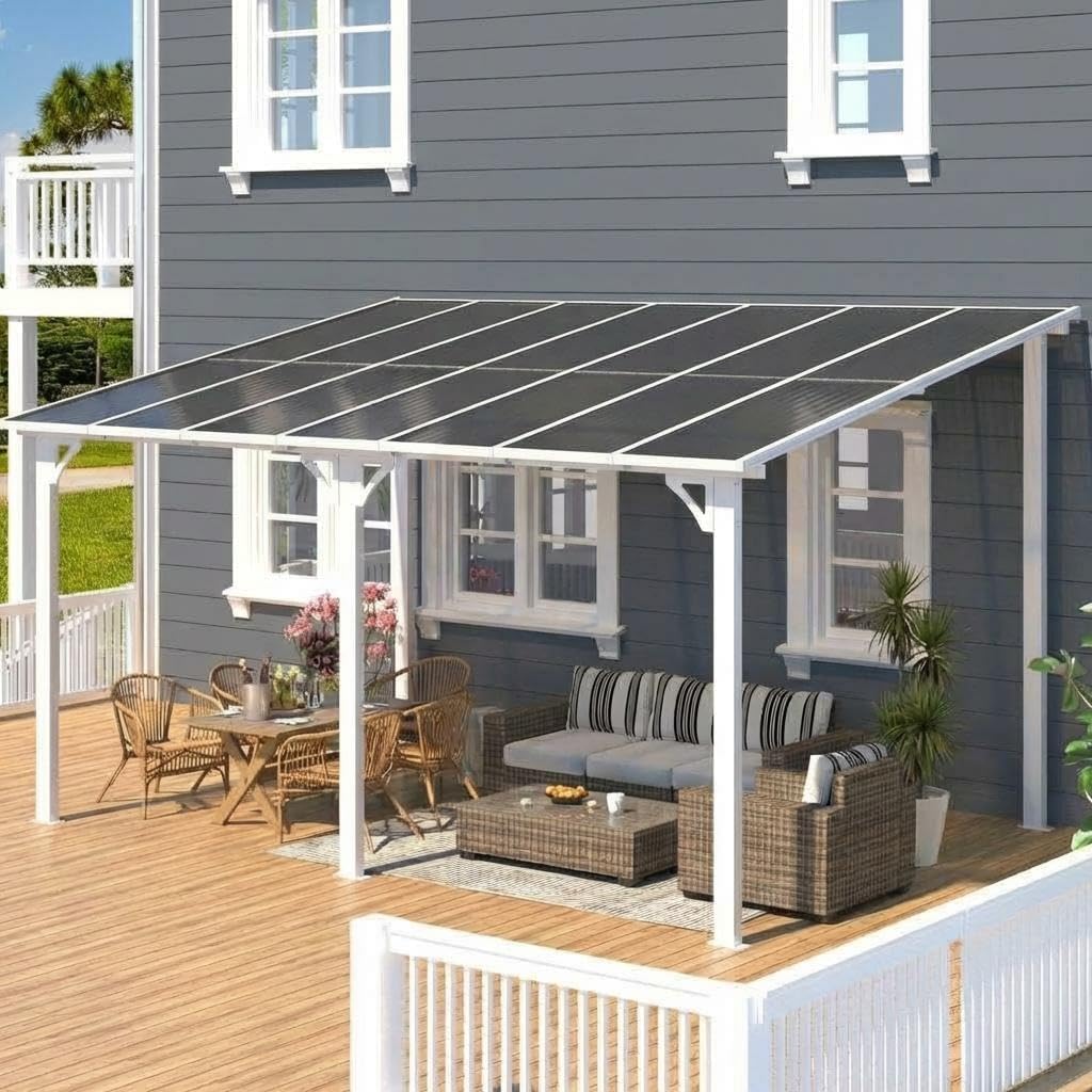 10'X20' Hardtop Wall Mounted Gazebo with Gutters & Galvanized Steel Roof, 60MPH Wind Resistance, Lean to Gazebo Pergola with Sloped Roof for Deck, Porch, Backyard and More, White