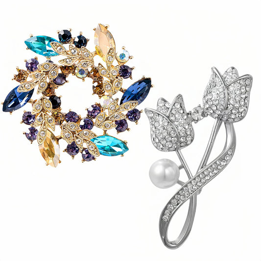 Yaximhozz 2pcs Rhinestone Brooch Pin for Women Dress Elegant Stylish Crystal Brooches Fashion Accessories Pins Lapel Boutonniere Ideas Wedding Christmas Birthday Jewelry Easter Gift (09 Blue Colorful/Silver)
