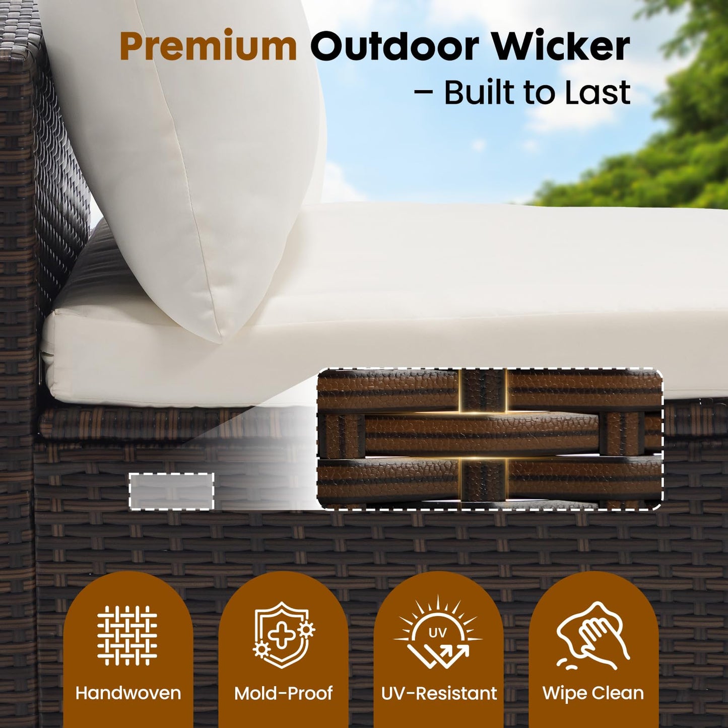 Sweetcrispy 7-Piece Outdoor Patio Sectional Sofa, Modular PE Wicker Outdoor Sectional with Thick Cushions, Rattan Patio Sofa Set with Coffee Table for Backyard, Poolside, Garden, Deck, Brown
