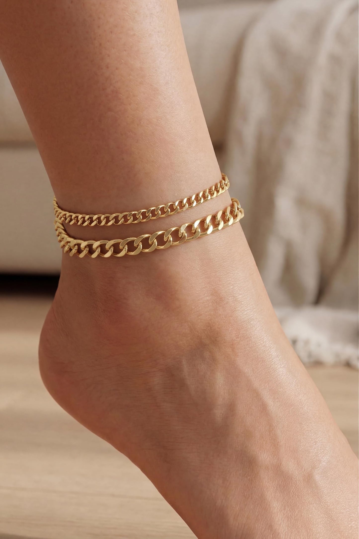 Tewiky Waterproof Ankle Bracelets for Women,Chunky Layered Gold Anklet for Women Non Tarnish Adjustable Cuban Set Stackable Summer Beach Jewelry Gift