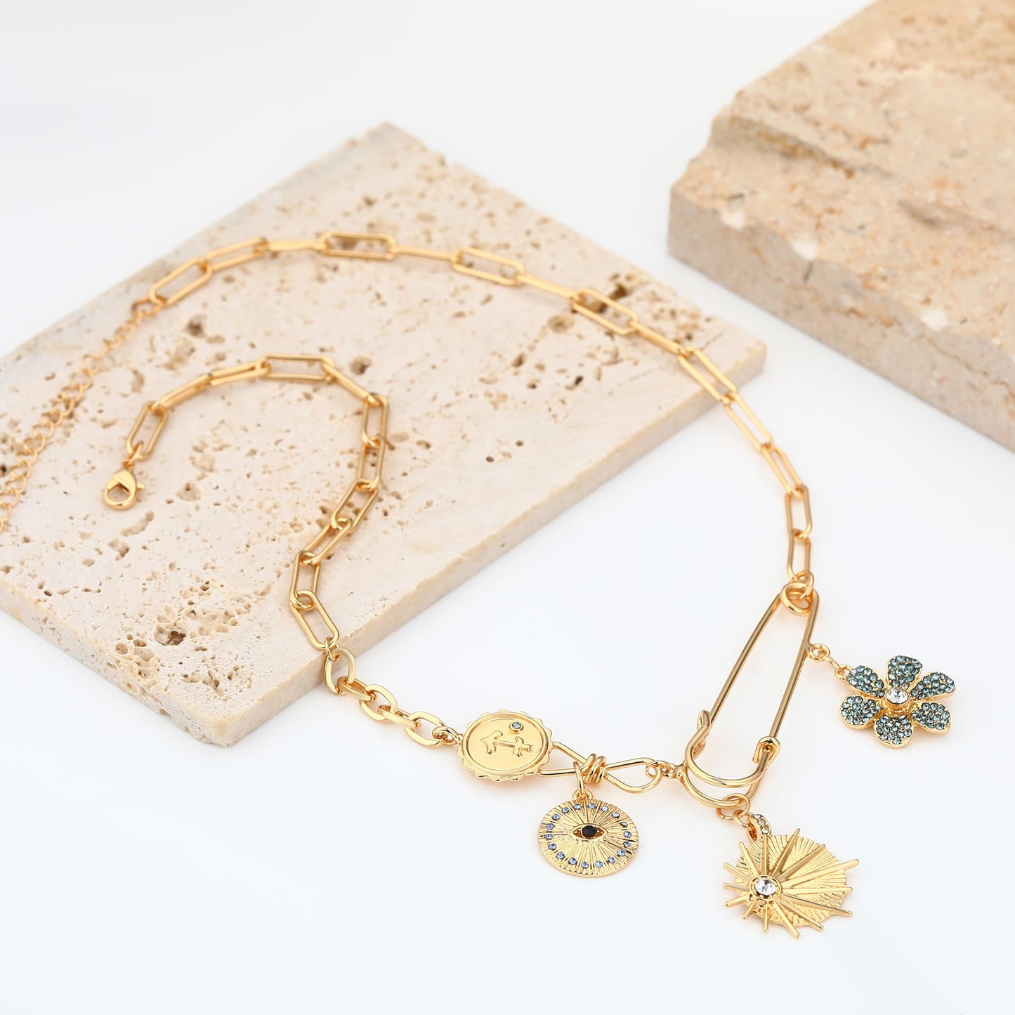 BONJOULRY Charm Necklace for Women Gold Sun Flower Evil Eye Good Luck Pendent Necklace Chunky Paperclip Third Eye Amulet Necklace for Women Flower