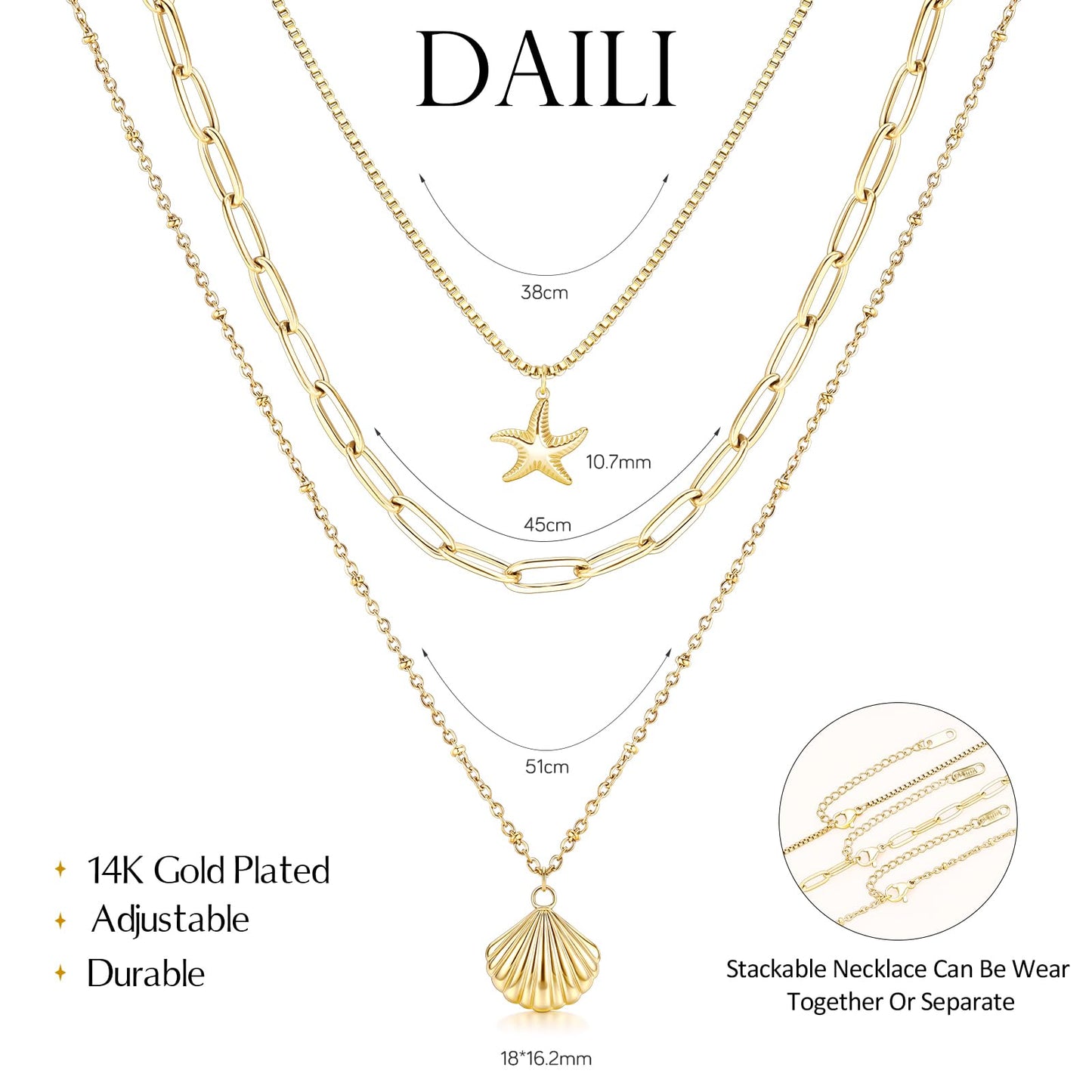 Shell Necklace for Women, 14k Gold Layered Starfish SeaShell Pendant Charm Necklace,Dainty Non Tarnish Waterproof Adjustable Silver Choker Paperclip Necklaces Stack Jewelry for Summer Beach Vacation (Gold)