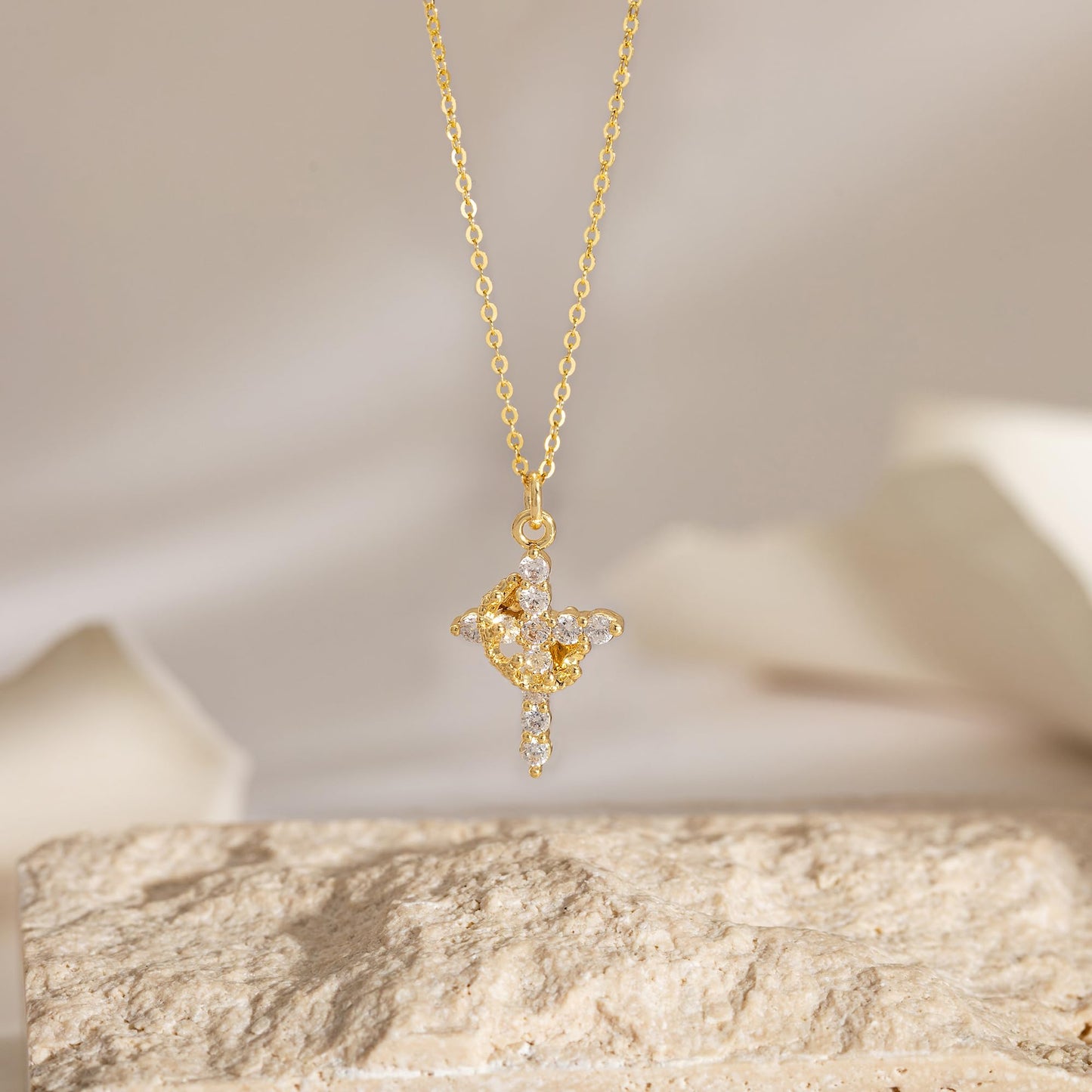 Robaice Gold Plated Sterling Silver Cross Necklace for Women, Crown Cross Pendant Necklace Cross Necklaces Faith Jewelry First Communion Necklace, Gold