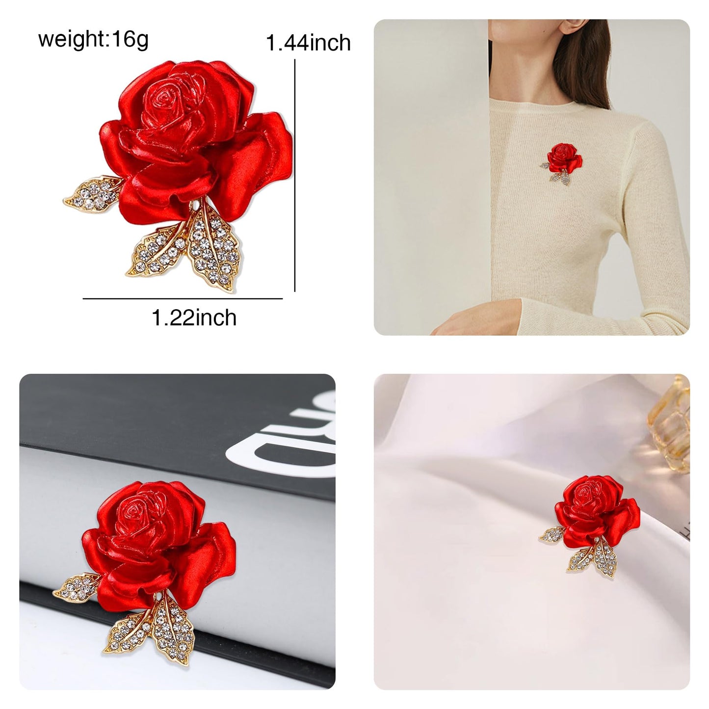 Crystal Red Rose Flower Brooch Pins for Women Elegant Enamel Rhinestone Floral Brooches Pin Fashion Jewelry for Party Dance Wedding Banquet Brooch for Women Girl Gift