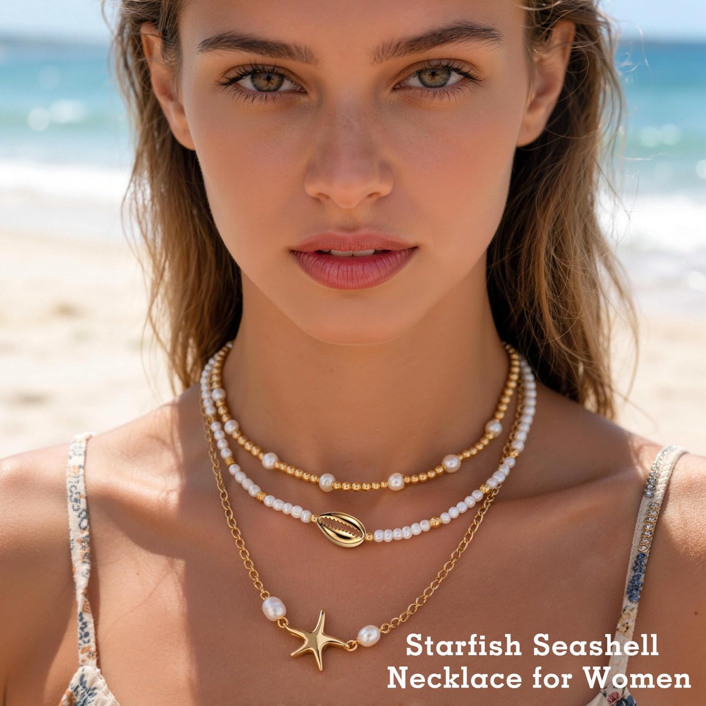 VOJO Starfish Seashell Necklace for Women, 3 Layers Stacked Summer Beach Necklaces, Colorful Polymer Clay Pearl Jewelry, 18K Gold Plated Tropical Hawaii Vacation Accessories, Tarnish Resistant Gifts (Pearl shell + starfish)