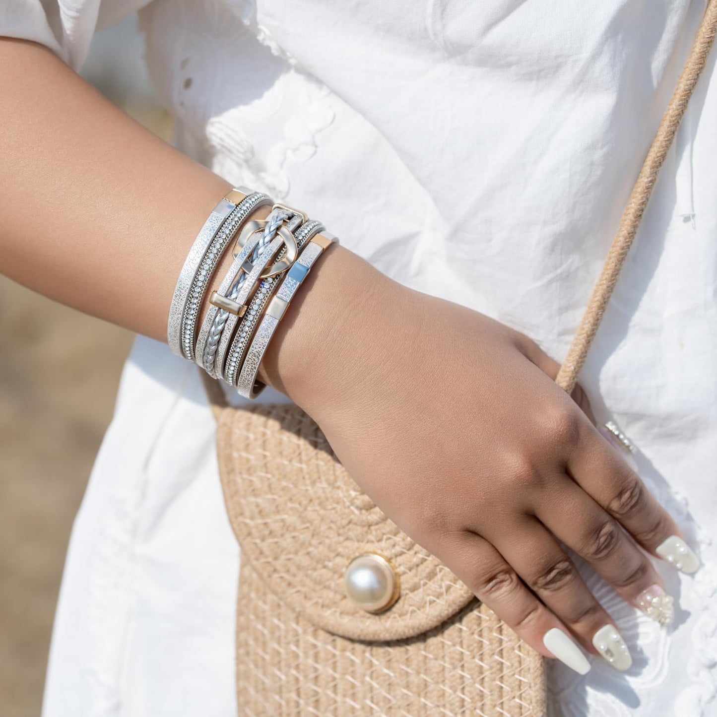 FANCY SHINY Boho Leather Wrap Bracelets Circle Square Bead Braided Handmade Stackable Bracelet Trendy Cuff Bangle for Women(Metallic Gray)
