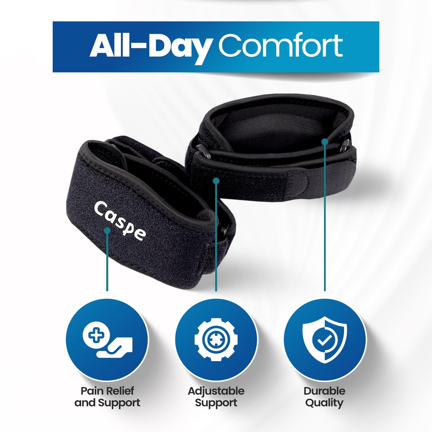 Caspe 2 Pack Tennis Elbow Brace for Men and Women – Adjustable Arm Brace for Tendonitis, Golfer’s Elbow and Bursitis – Arm Band & Counterforce Forearm Support, Daily Use Pain Relief – Black